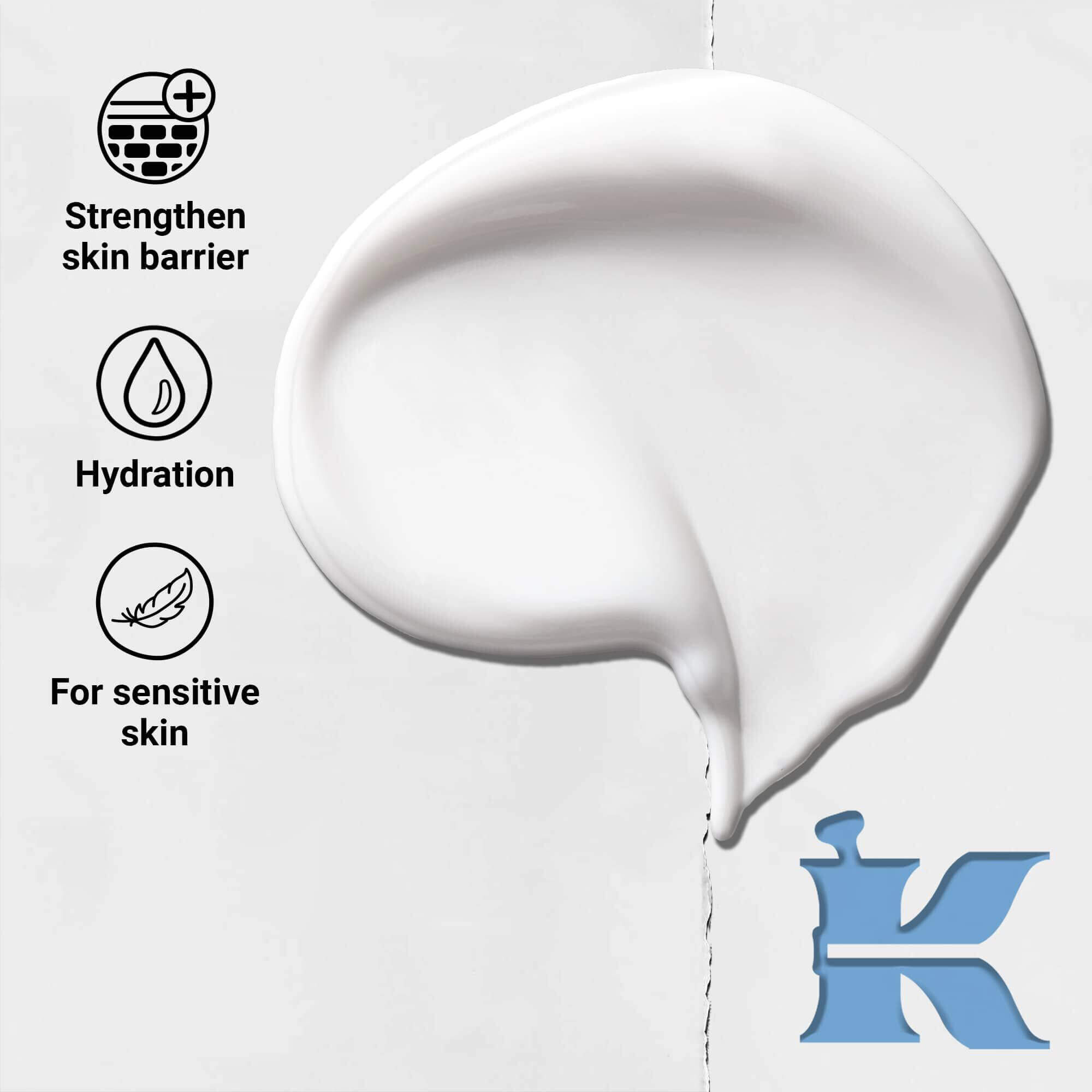 Textuurfoto en iconen voor Ultra Facial Moisturizer: versterkt de huidbarriere, hydratatie, gevoelige huid
