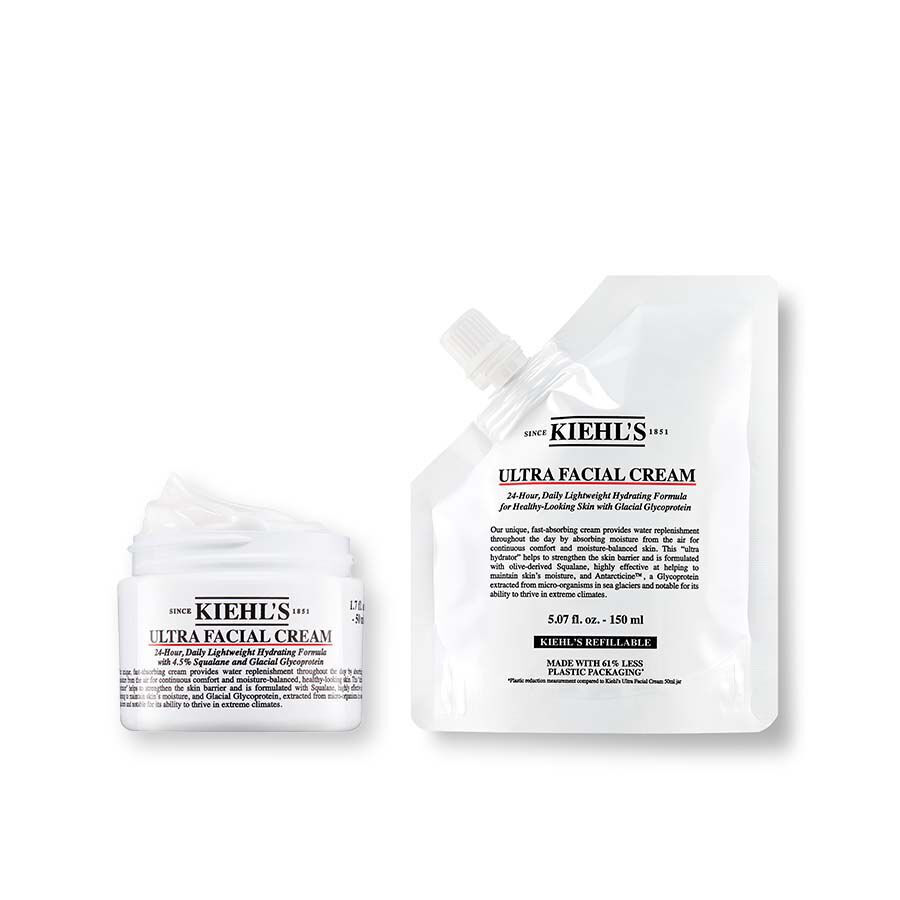 Geopende pot Kiehl's Ultra Facial Cream naast de navulverpakking van 150 ml.