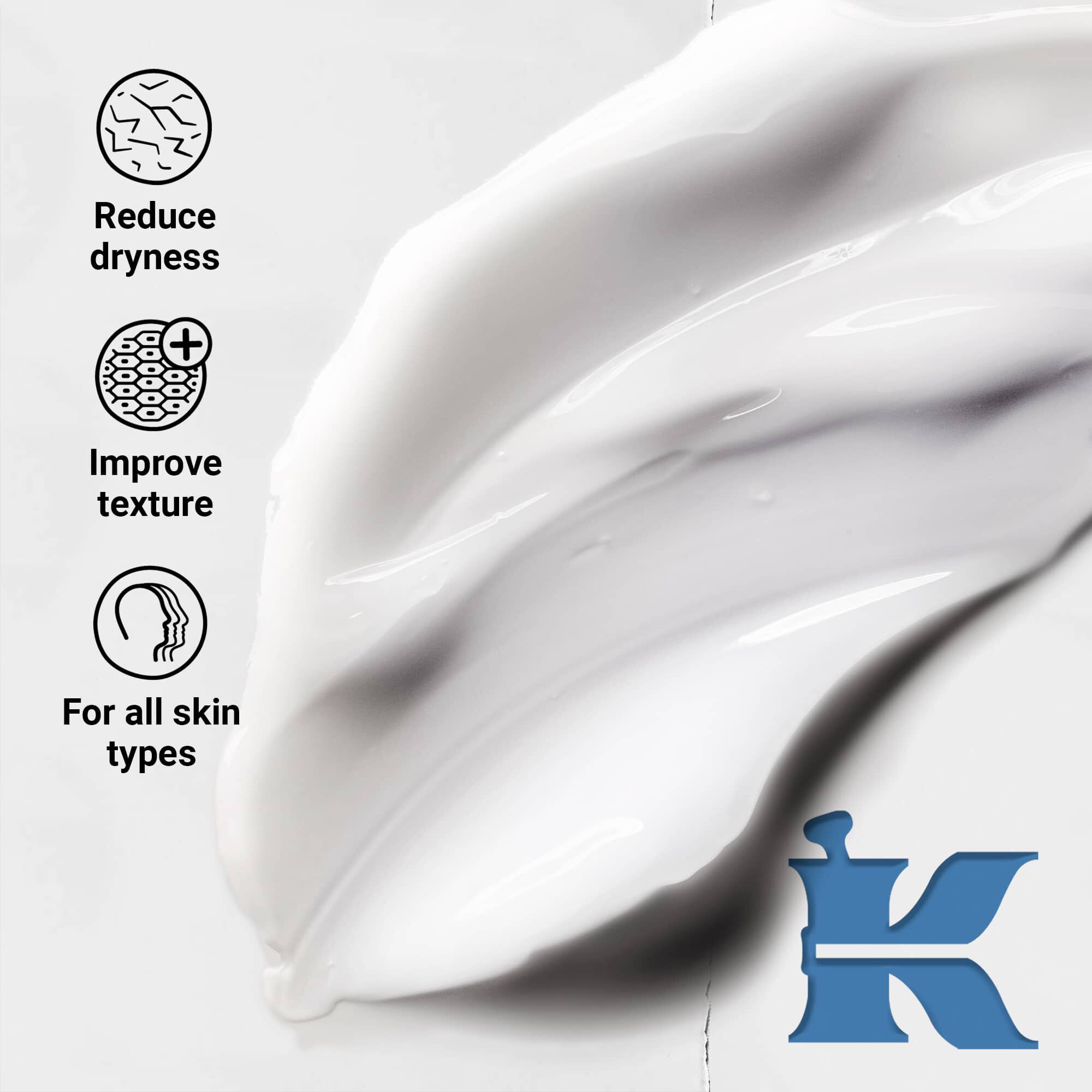 Foto van de producttextuur die aangeeft dat het droogheid vermindert, de textuur verbetert en geschikt is voor alle huidtypes