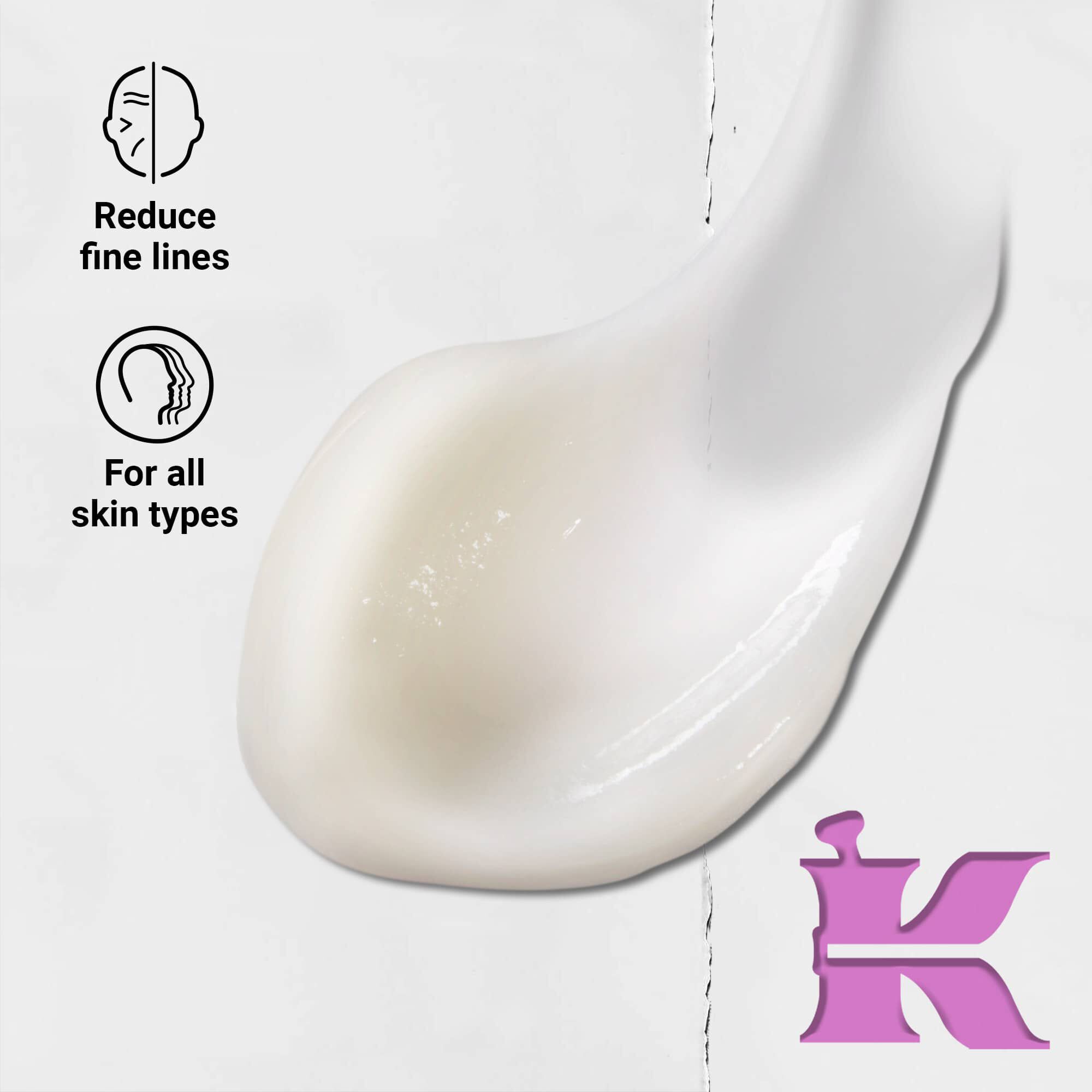 Foto van de textuur met iconen: vermindert fijne lijntjes en is geformuleerd voor alle huidtypes