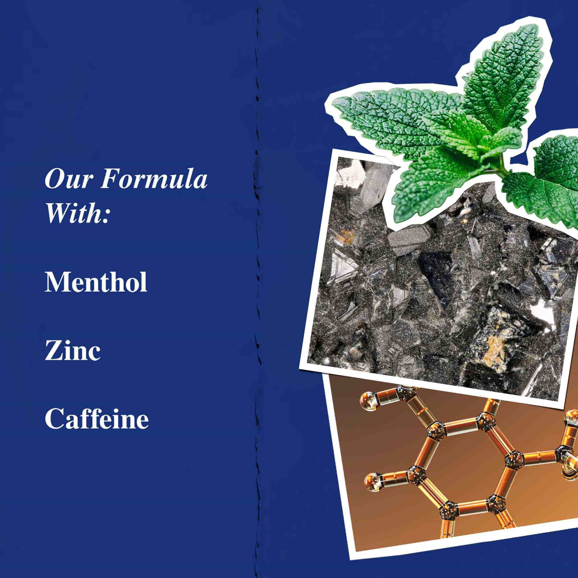 Grafiek van de belangrijkste ingredienten: menthol, zink en cafeine.