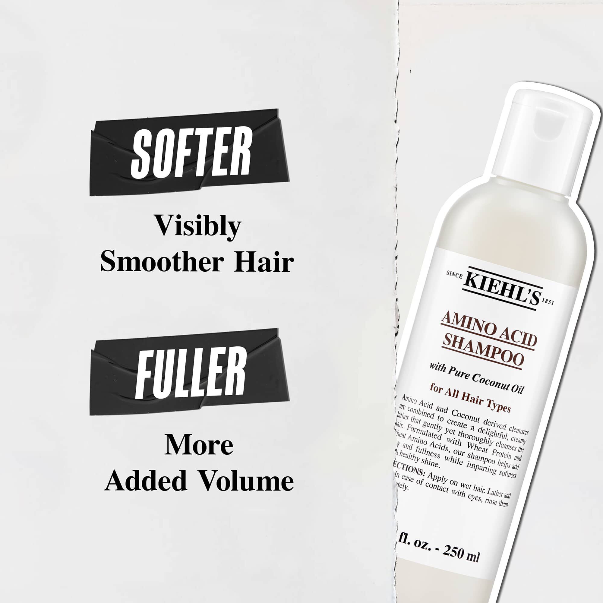 Fles Kiehl's Amino Acid Shampoo met voordelen: "Zachter, zichtbaar gladder haar" en "Voller haar met meer volume"