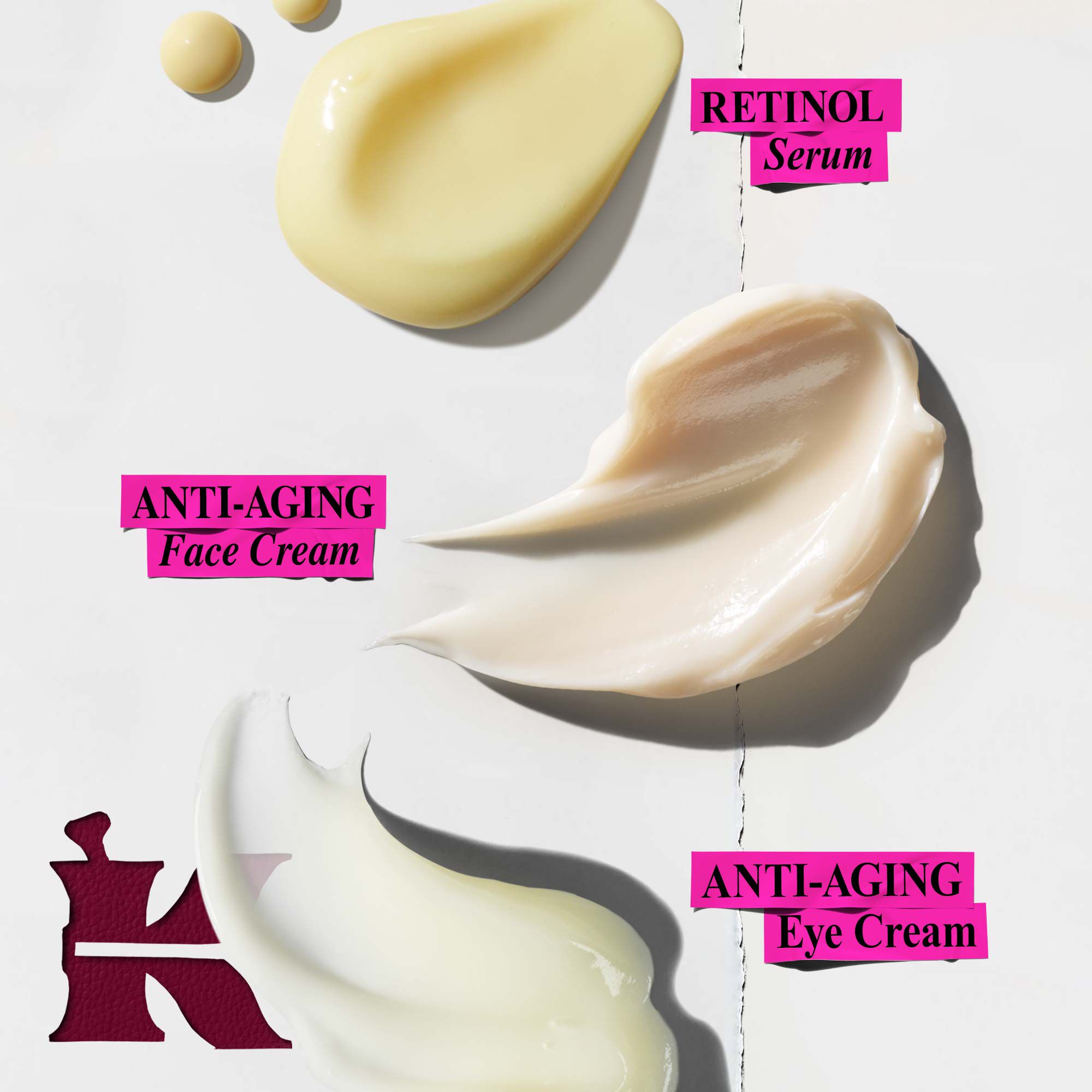 Een afbeelding toont drie verschillende productmonsters op een witte achtergrond, vergezeld van hun specifieke etiketten: een lichtgeel monster met de tekst "RETINOL Serum", een lichtbeige monster met de tekst "ANTI-AGING Gezichtscreme" en een gebroken wit monster met de tekst "ANTI-AGING Oogcreme", allemaal gepresenteerd in magenta doosjes. Een donker, gestileerd 'K'-logo is zichtbaar in de linkerbenedenhoek.