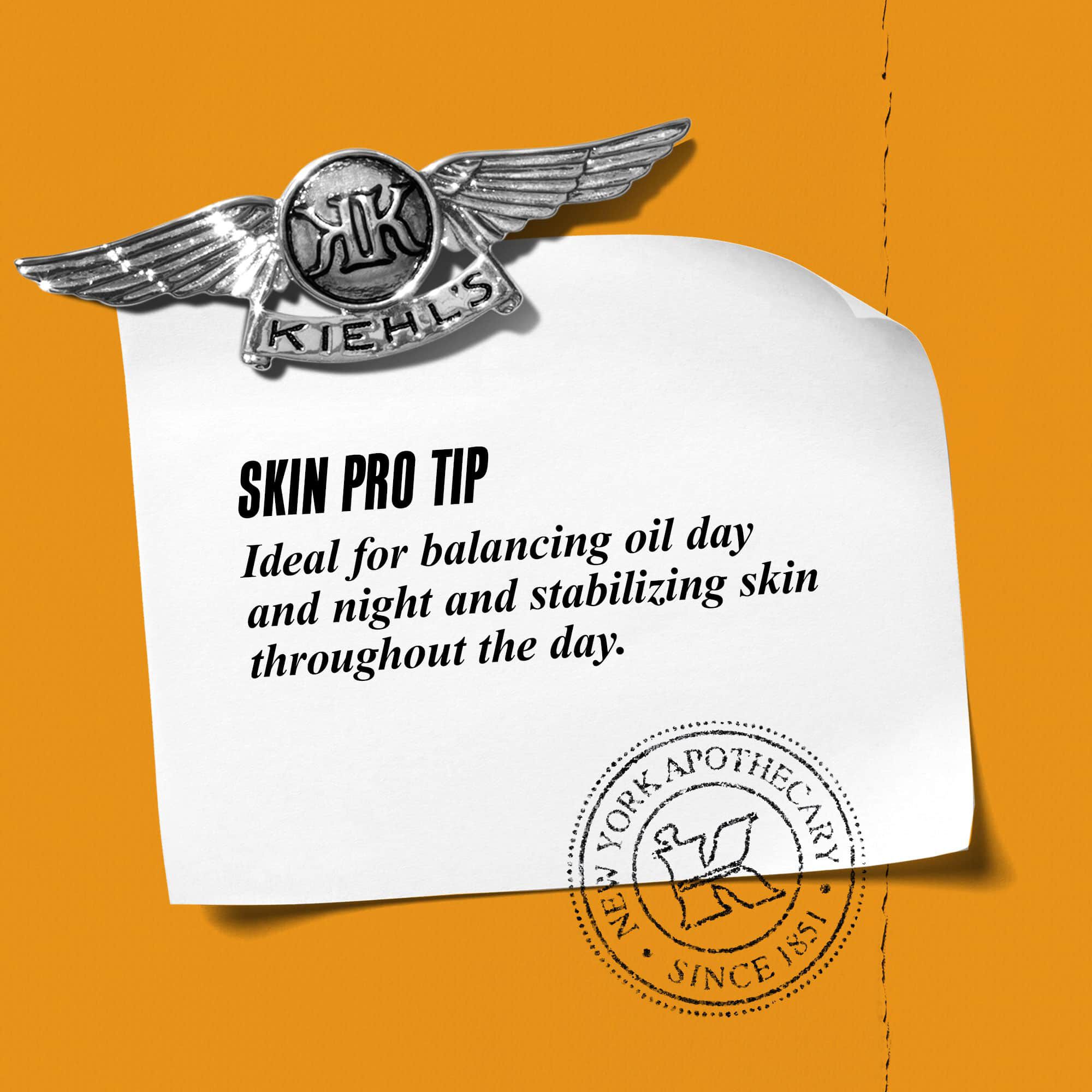 Een grafiek met de tekst: "Skin Pro Tip: Ideaal voor het balanceren van olie de hele dag en het kalmeren van de huid gedurende de dag," naast een fles Calendula Herbal-Extract Toner.