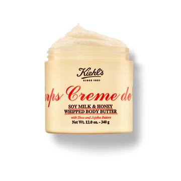 Geopende pot Kiehl's Creme de Corps Soy Milk & Honey Whipped Butter body butter