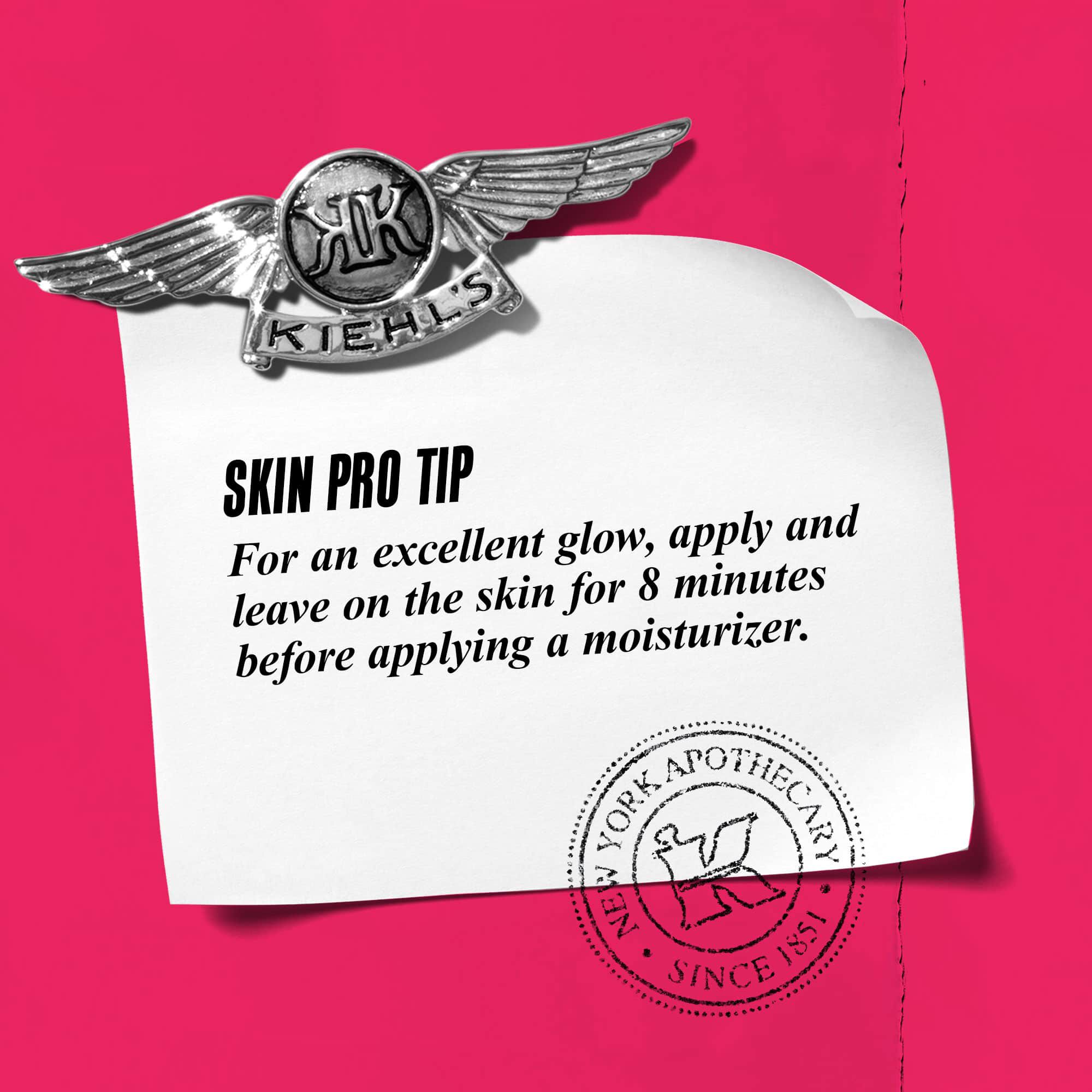 Grafiek met tekst: "Pro-tip: Voor een uitstekende gloed, aanbrengen en 5 minuten op de huid laten inwerken voordat je een vochtinbrengende creme aanbrengt."