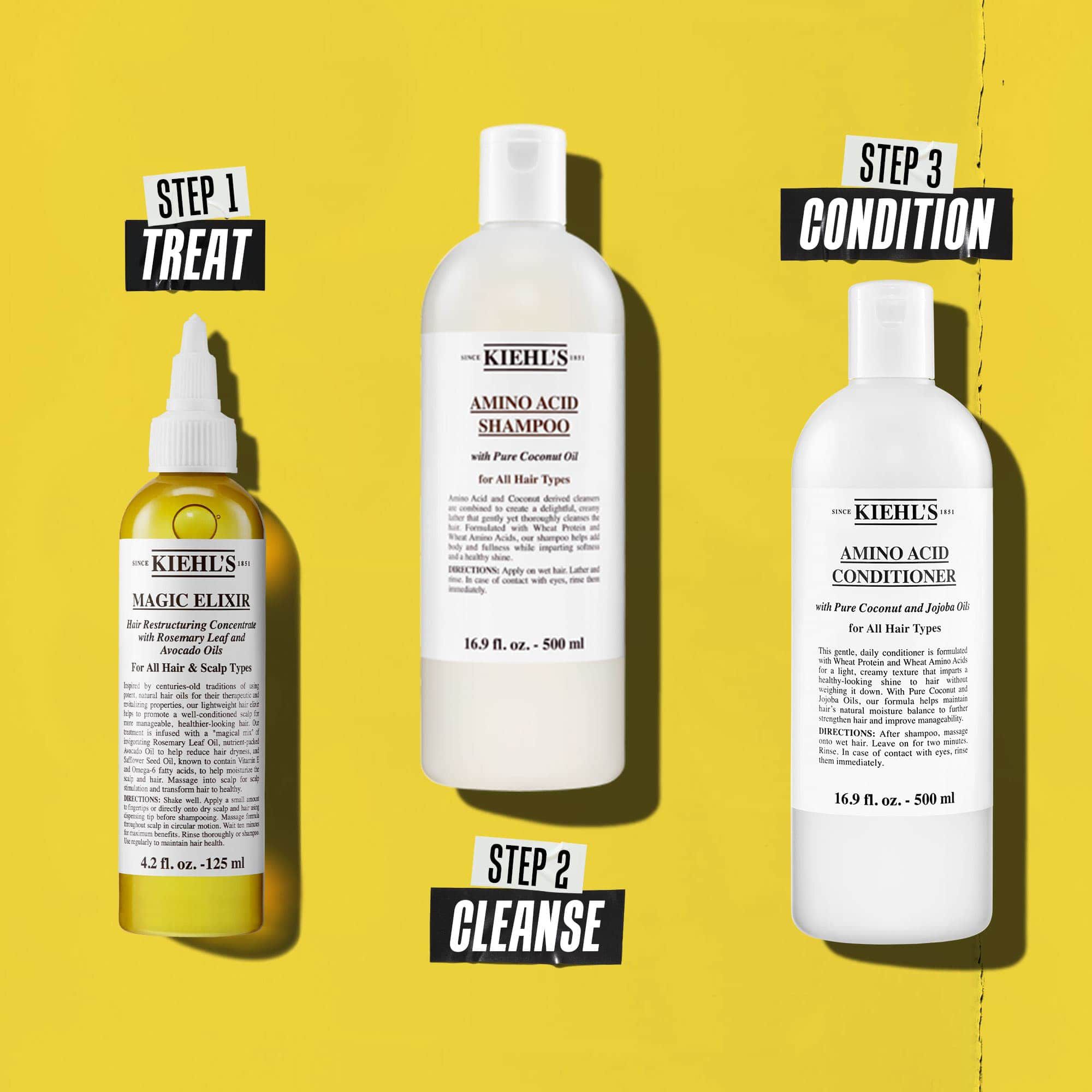 Een haarroutine in drie stappen met Kiehl's producten. Stap 1: Magic Elixir Hair Oil. Stap 2: Amino Acid Shampoo. Stap 3: Amino Acid Conditioner. Tekst labelt elke stap respectievelijk als "Behandelen", "Reinigen" en "Verzorgen".