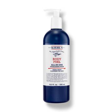 Een flacon Kiehl's Body Fuel All-In-One Energizing Wash tegen een witte achtergrond.