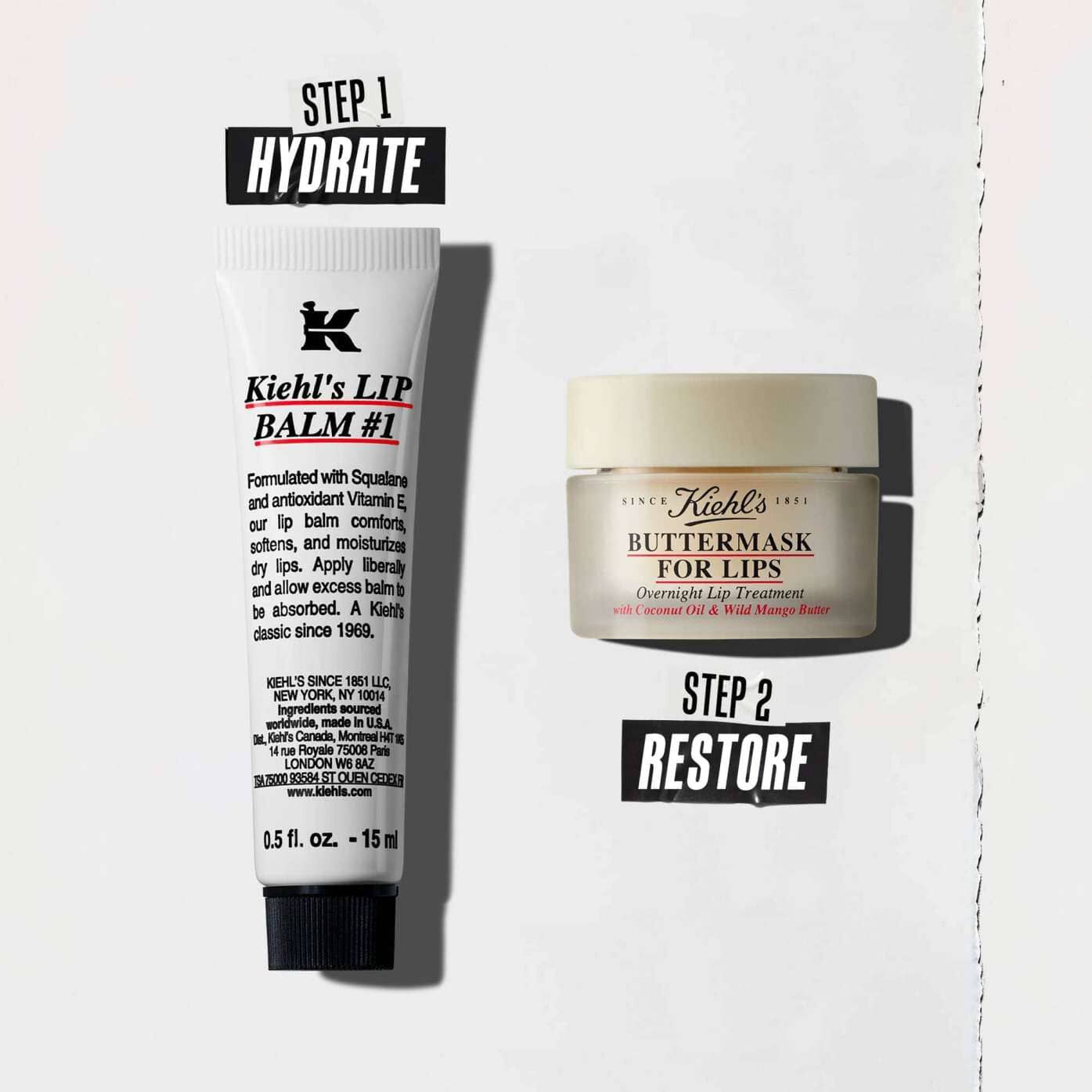 Een routine in twee stappen met Lip Balm #1 voor hydratatie en Butter Mask voor herstel.