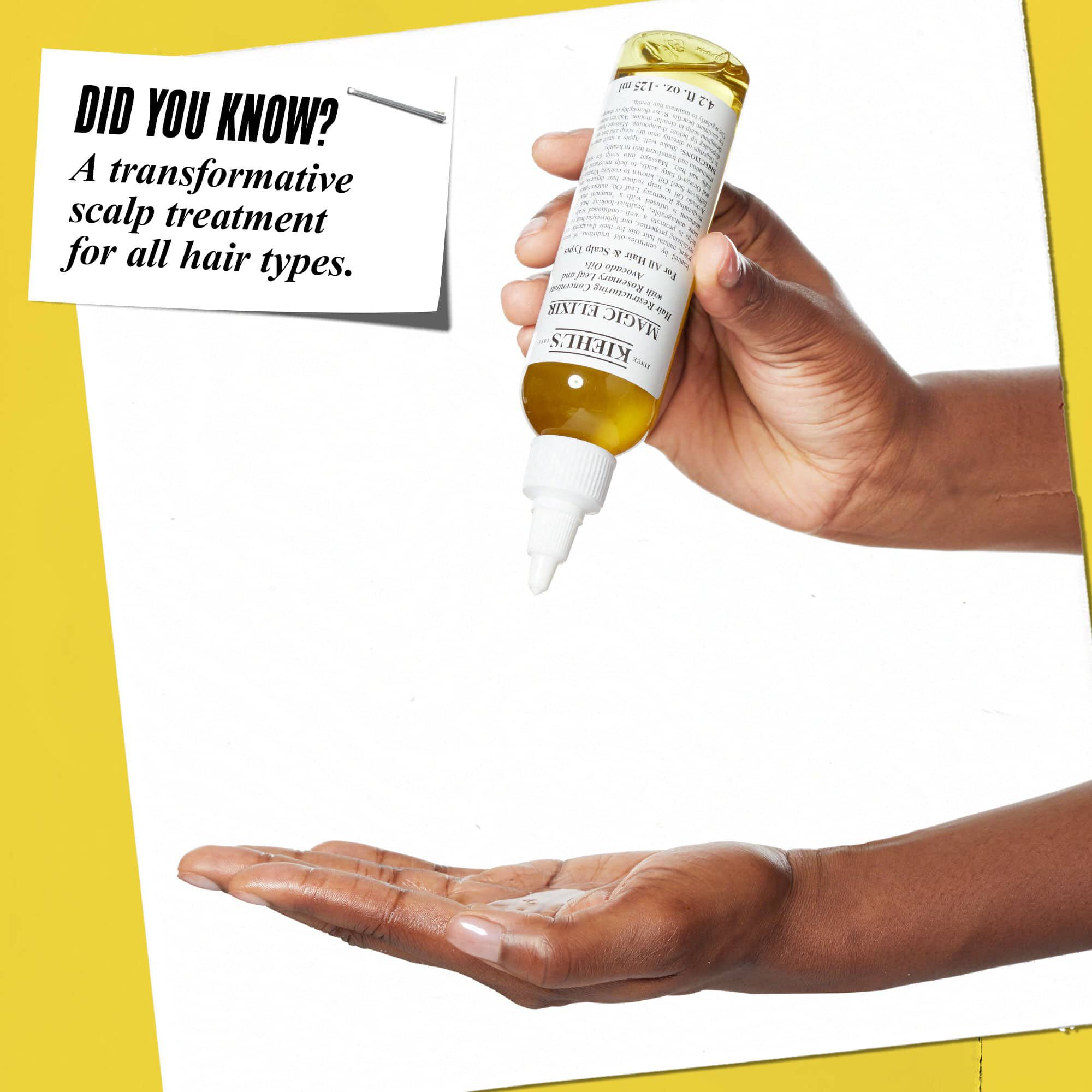 Een hand die Magic Elixir Hair Oil op een andere hand doseert. Tekst luidt: "Wist je dat? Een transformerende hoofdhuidbehandeling voor alle haartypes."
