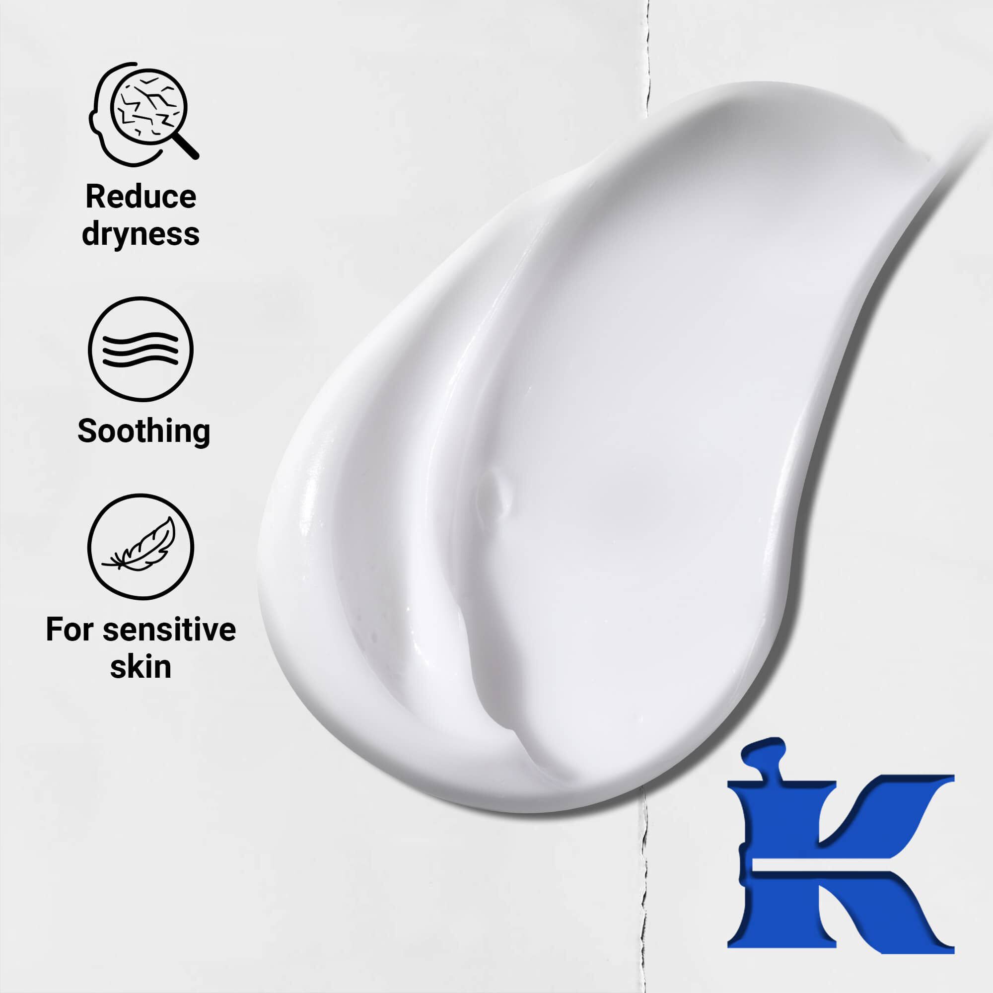 Foto van de textuur met iconen: vermindert droogheid, is kalmerend en is geformuleerd voor de gevoelige huid