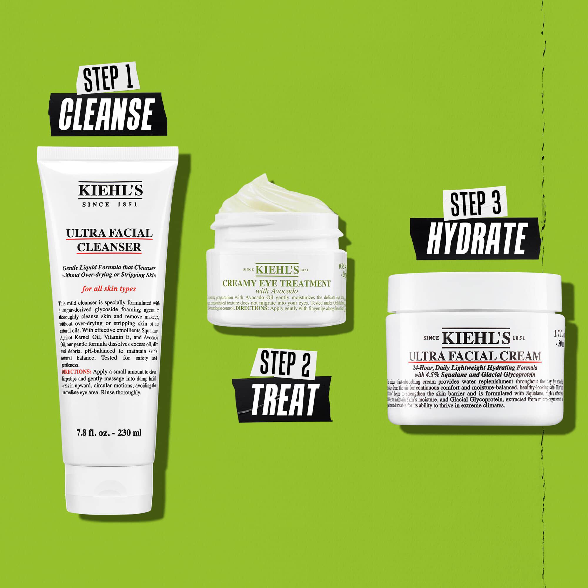Kiehl's Creamy Eye Treatment with Avocado-routine - Stap 1 Reinigen, Stap 2 Behandelen, Stap 3 Hydrateren