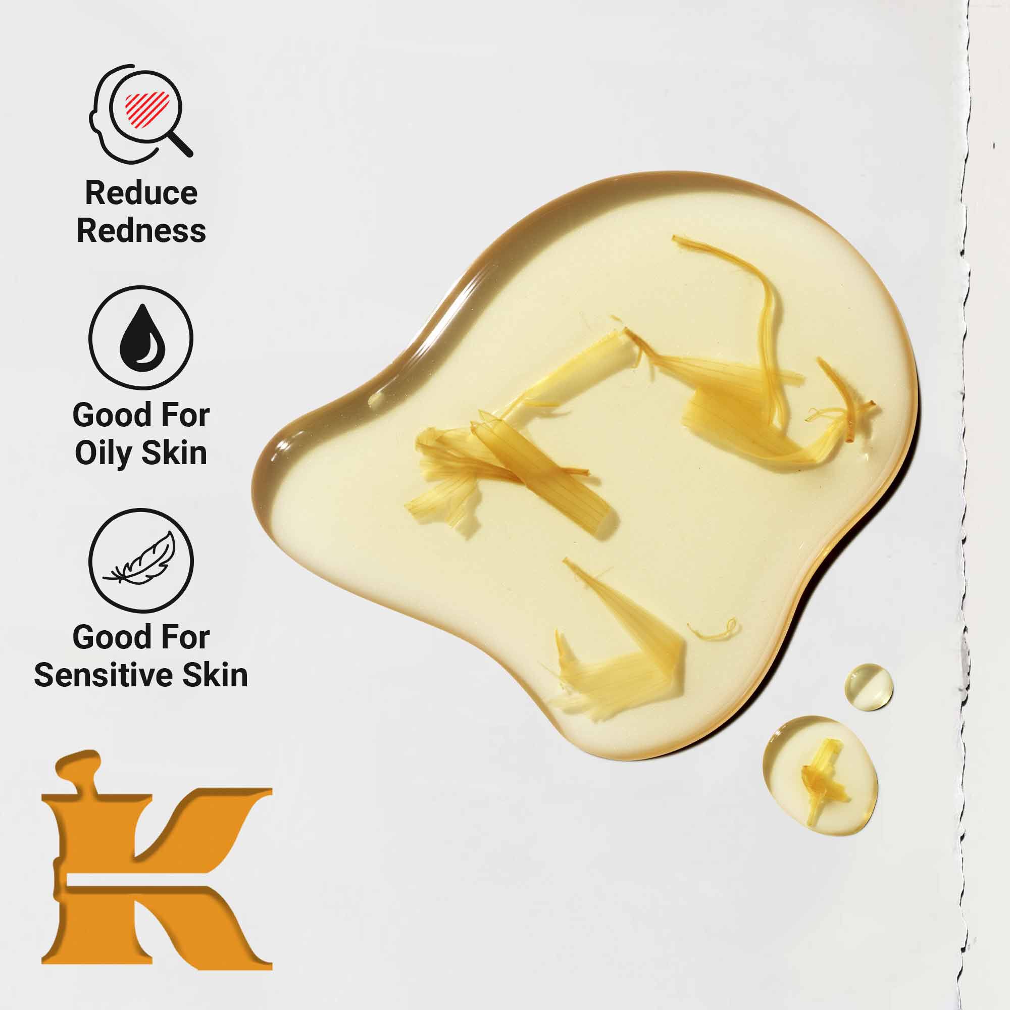 Close-up van de Calendula Herbal-Extract Toner textuur met een veeg vloeistof doordrenkt met goudsbloemblaadjes. Tekst benadrukt voordelen voor het verminderen van roodheid en geschiktheid voor vette en gevoelige huid.