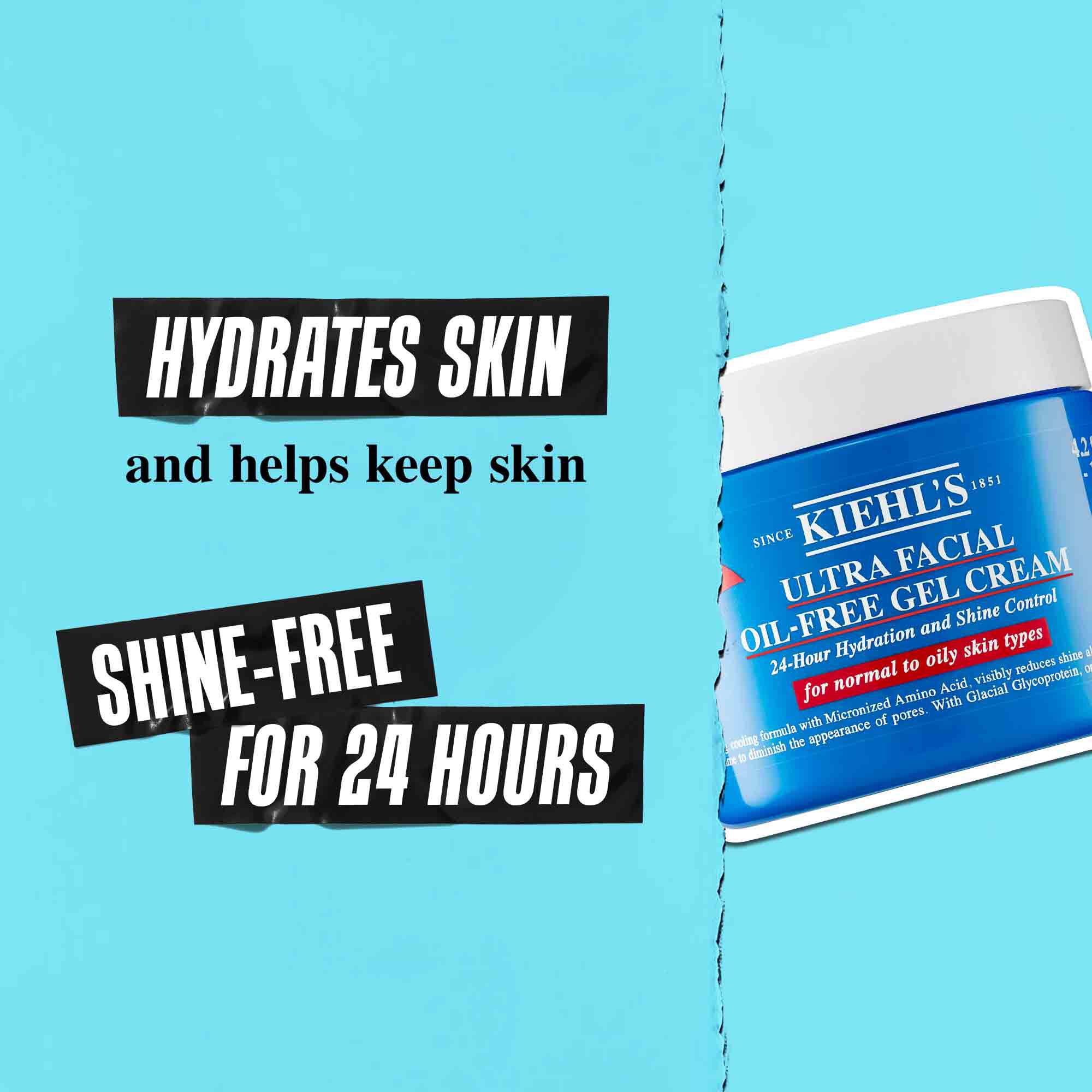 Een pot Ultra Facial Oil-Free Gel Cream tegen een blauwe achtergrond met de tekst: "Hydrateert de huid en helpt de huid 24 uur lang glansvrij te houden."