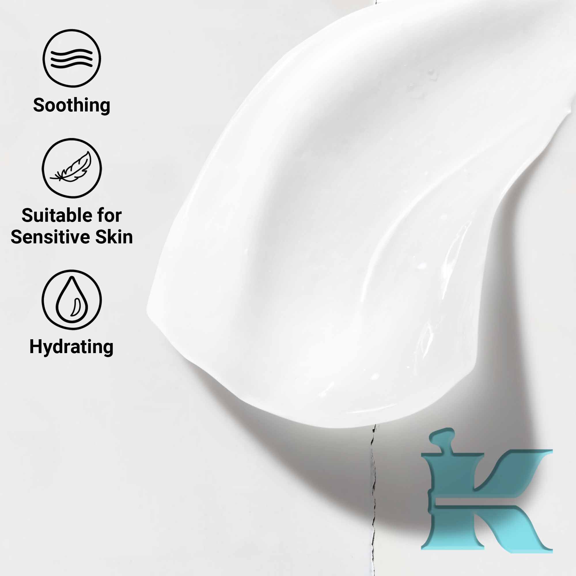 Close-up van de Ultra Facial Oil-Free Gel Cream textuur die kalmerende, hydraterende voordelen en geschiktheid voor de gevoelige huid toont.