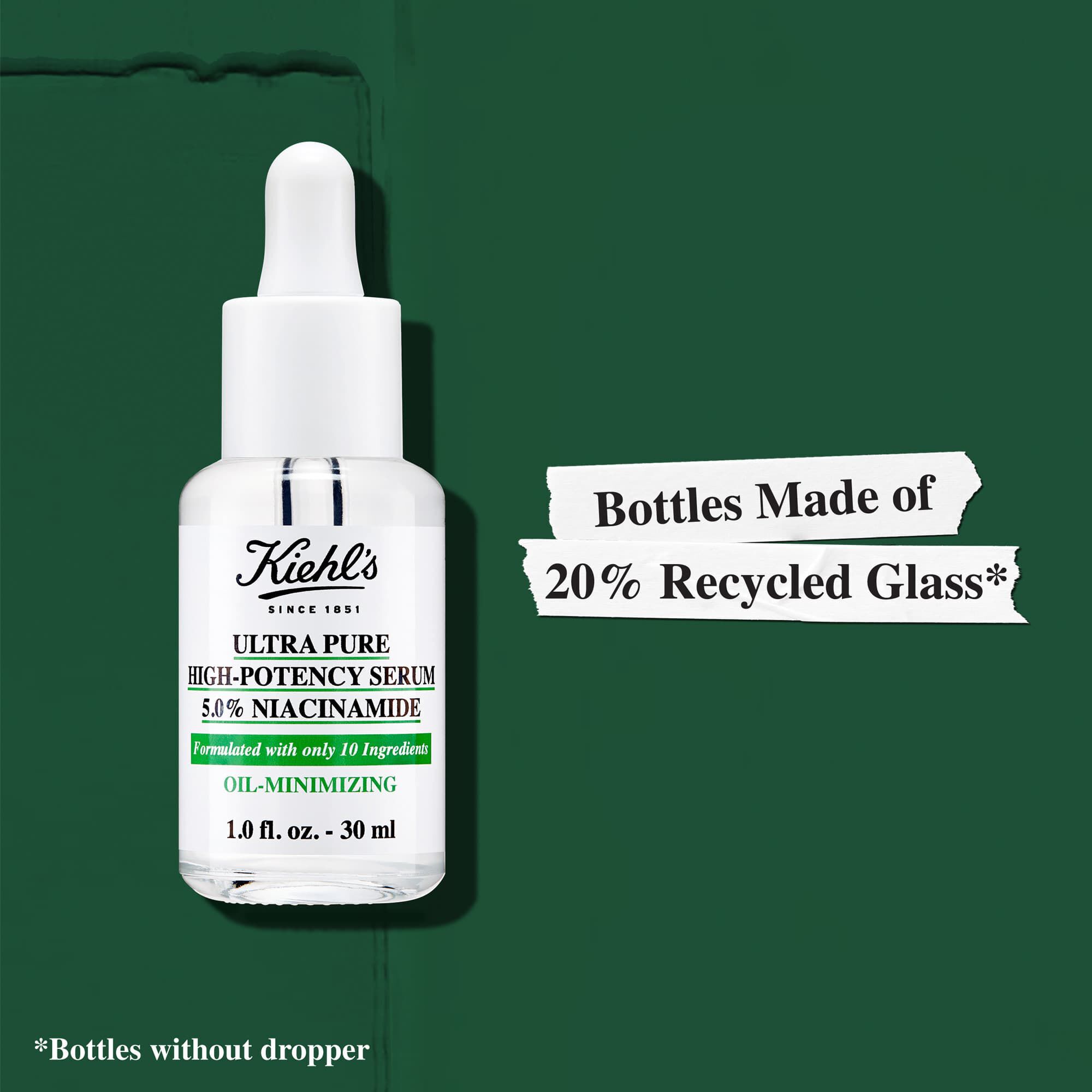De flessen van Kiehl's Ultra Pure High-Potency Serum zijn gemaakt van 20% gerecycled glas