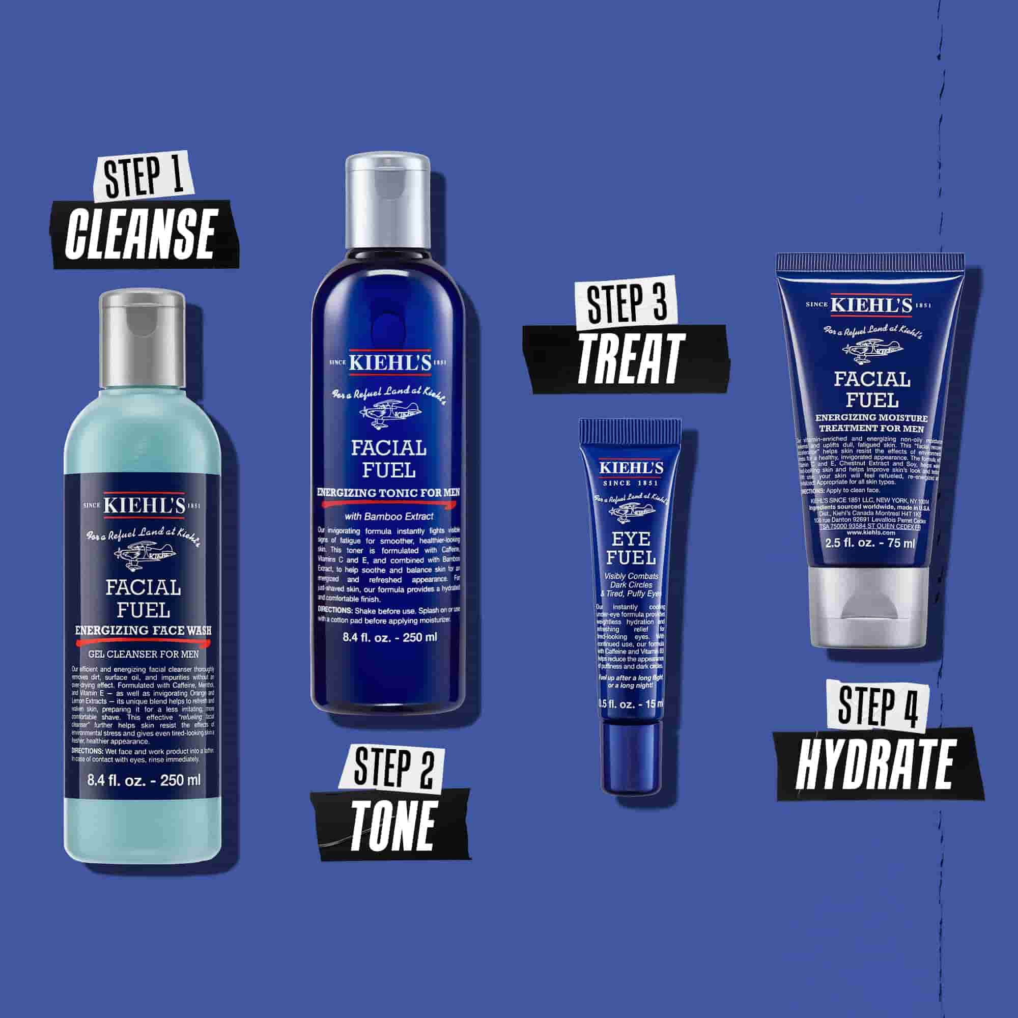 Illustratie van de Facial Fuel-routine - Reinigen, Tonifieren, Behandelen, Hydrateren