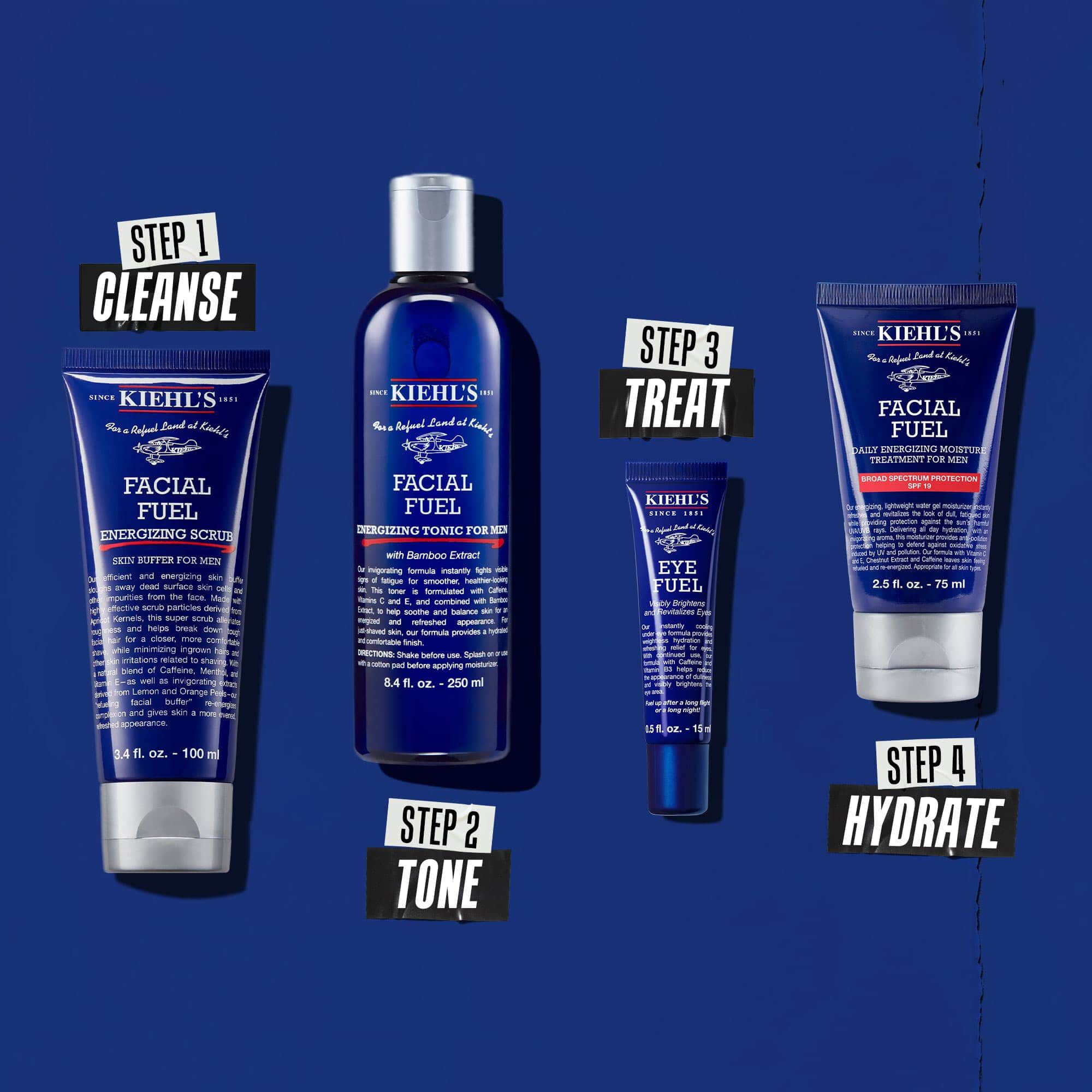 Routine met vier producten om te reinigen, tonificeren, behandelen en hydrateren.