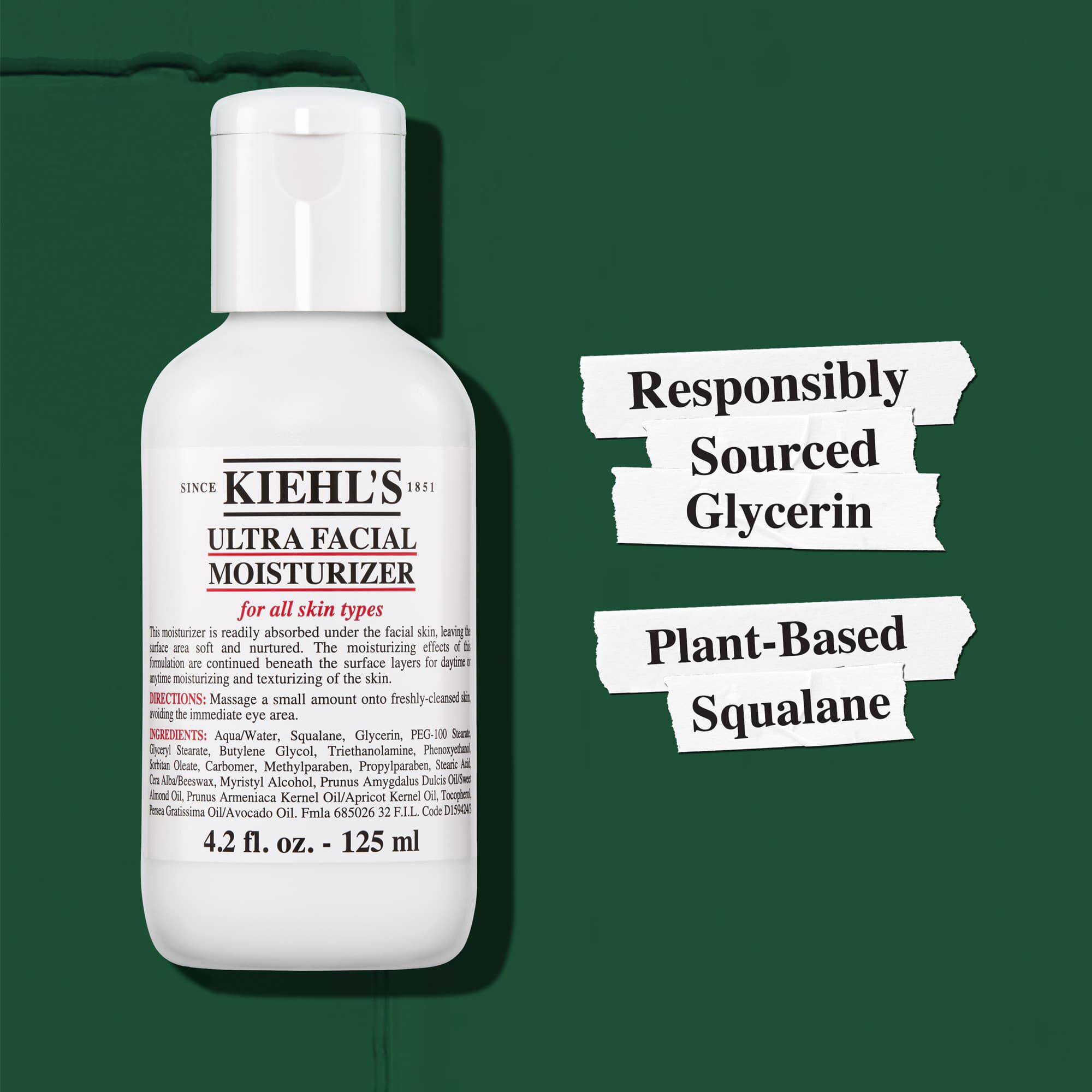 Kiehl's Ultra Facial Moisturizer bevat verantwoord gewonnen glycerine en plantaardige squalaan