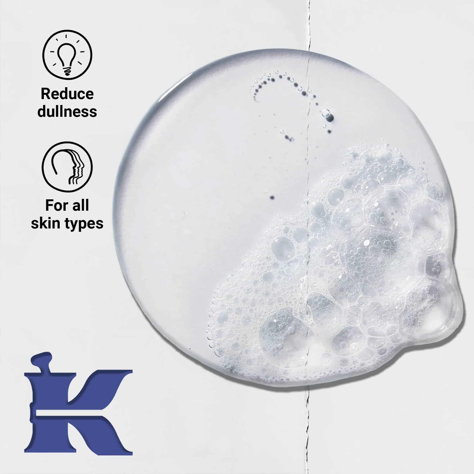 Foto van de Facial Fuel-textuur met iconen die aangeven dat het dofheid vermindert en geschikt is voor alle huidtypes