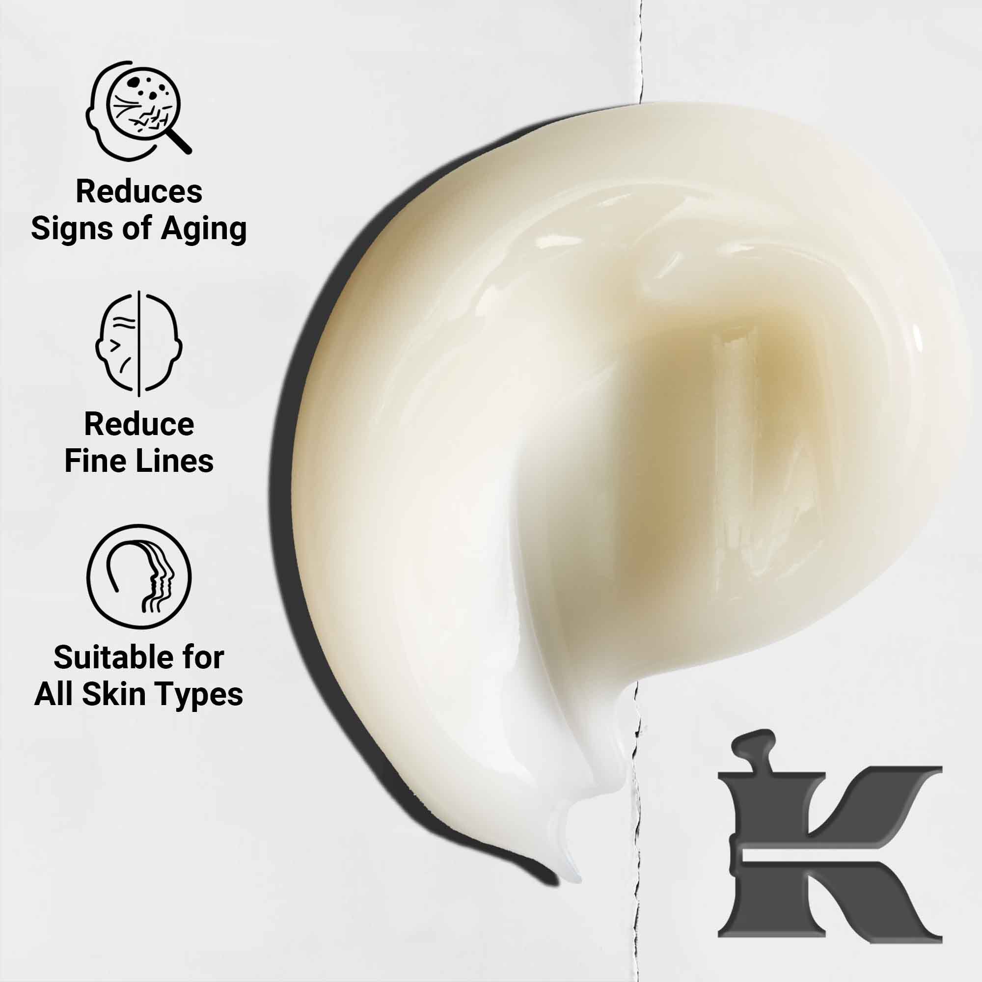 Close-up van de Age Defender Power Serum textuur; lichte formule, vermindert tekenen van veroudering en fijne lijntjes, geschikt voor alle huidtypes.