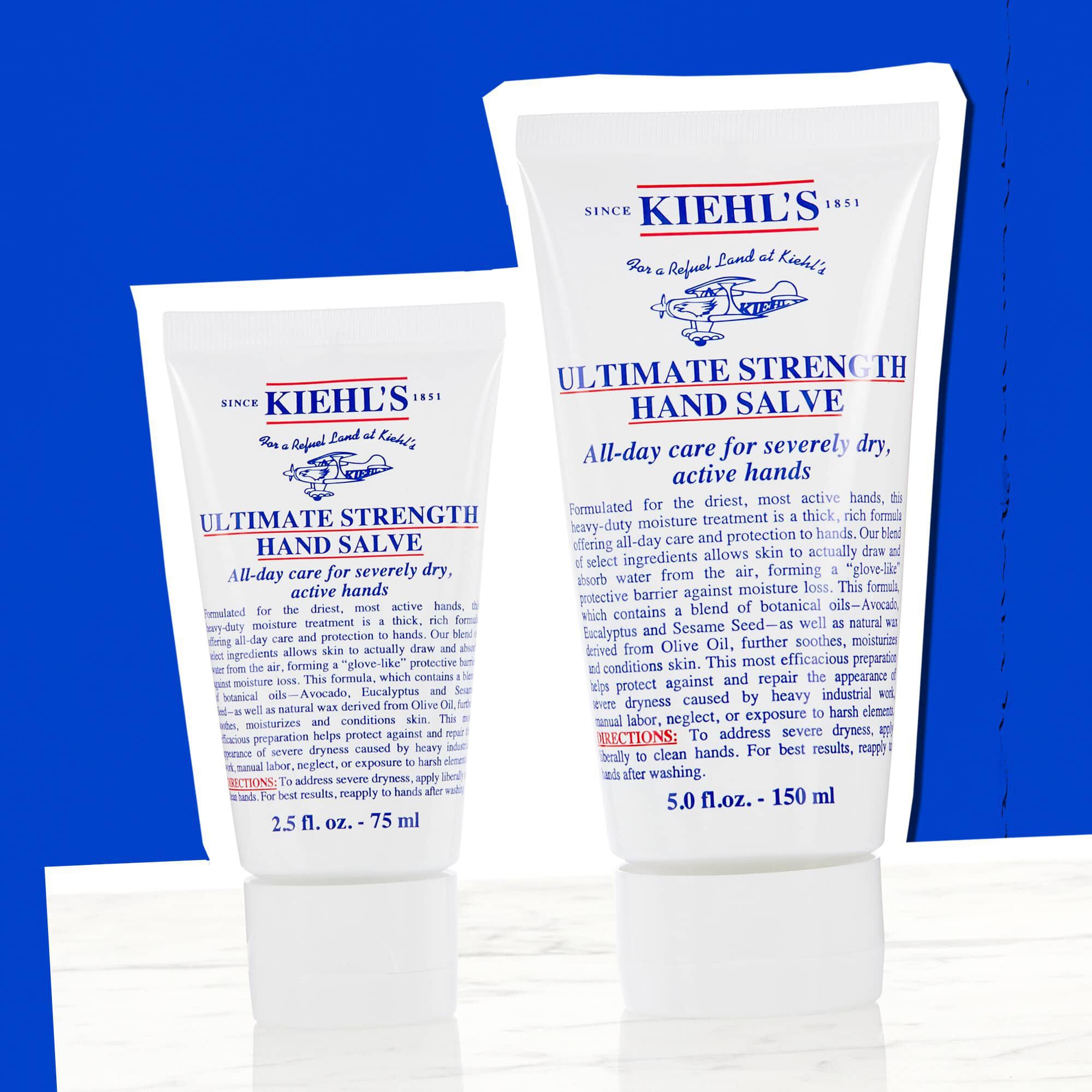 Twee tubes Kiehl's Ultimate Strength Hand Salve ter illustratie van de beschikbare formaten
