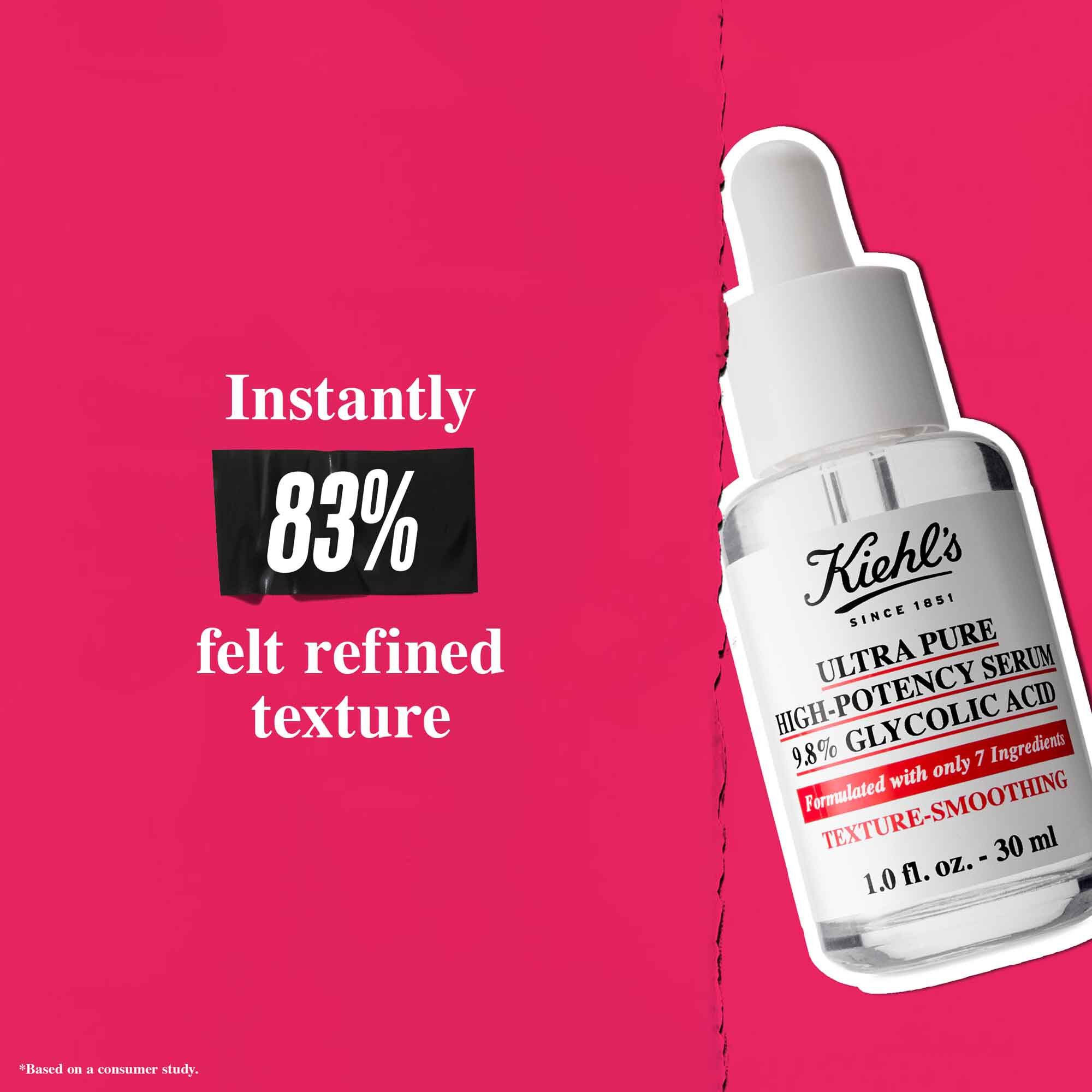 Een fles Ultra Pure 9.8% Glycolic Acid Serum tegen een roze achtergrond met de tekst: "Direct voelde 83% een verfijnde textuur."