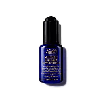 Een fles van 30 ml Kiehl's Midnight Recovery Concentrate gezichtsolie tegen een witte achtergrond.