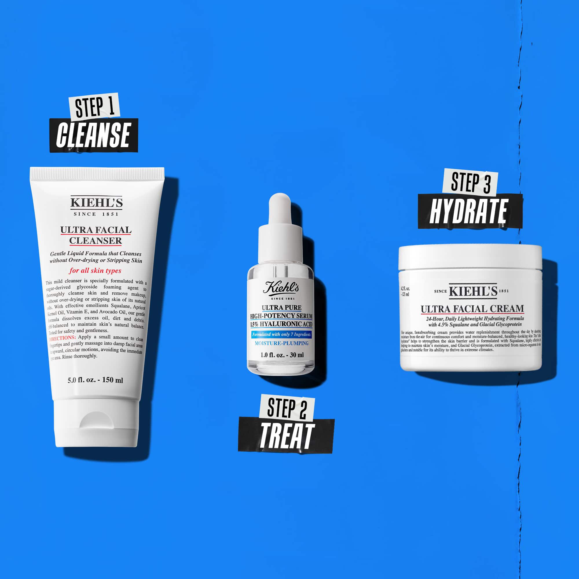Een routine in drie stappen met Kiehl's producten. Stap 1: Ultra Facial Cleanser. Stap 2: Hyaluronzuur Serum. Stap 3: Ultra Facial Cream.
