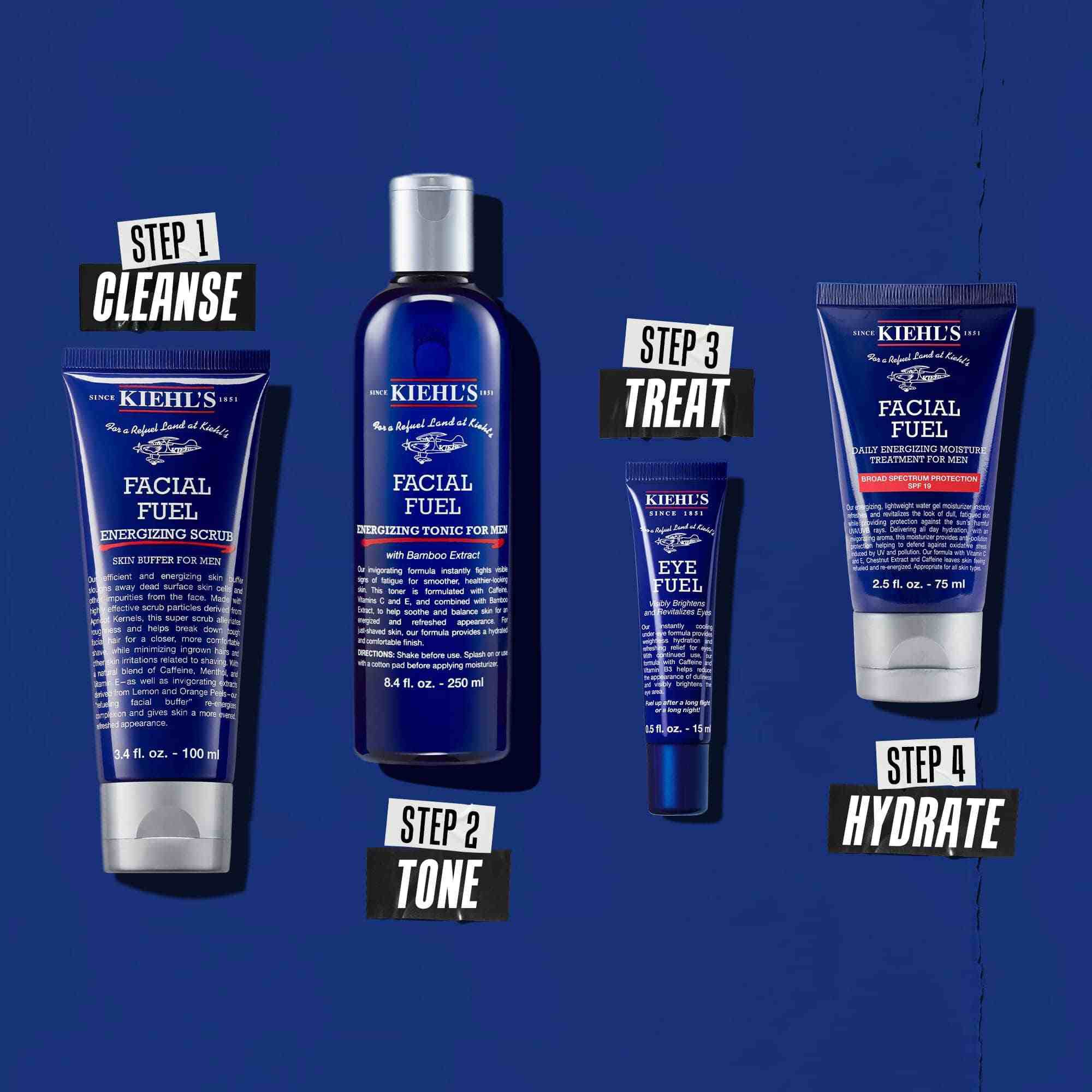 Routine met vier producten om te reinigen, tonificeren, behandelen en hydrateren.
