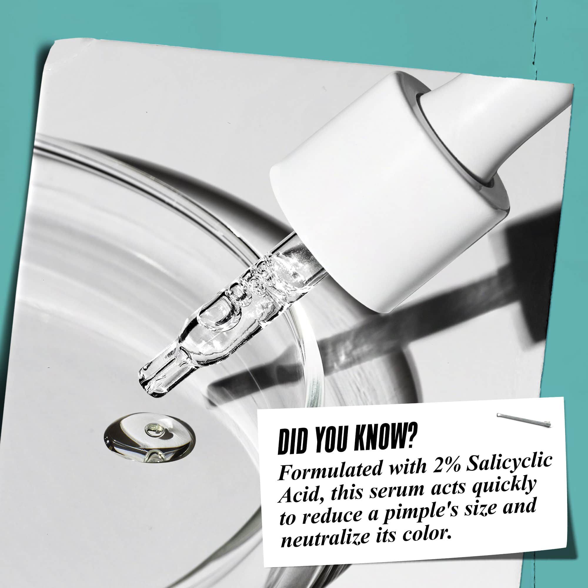 Een druppelaar die Truly-Targeted Blemish-Clearing Solution in een glazen schaaltje doseert met de tekst "Wist je dat? Geformuleerd met 2% salicylzuur om de grootte van puistjes te verminderen en hun kleur te neutraliseren."