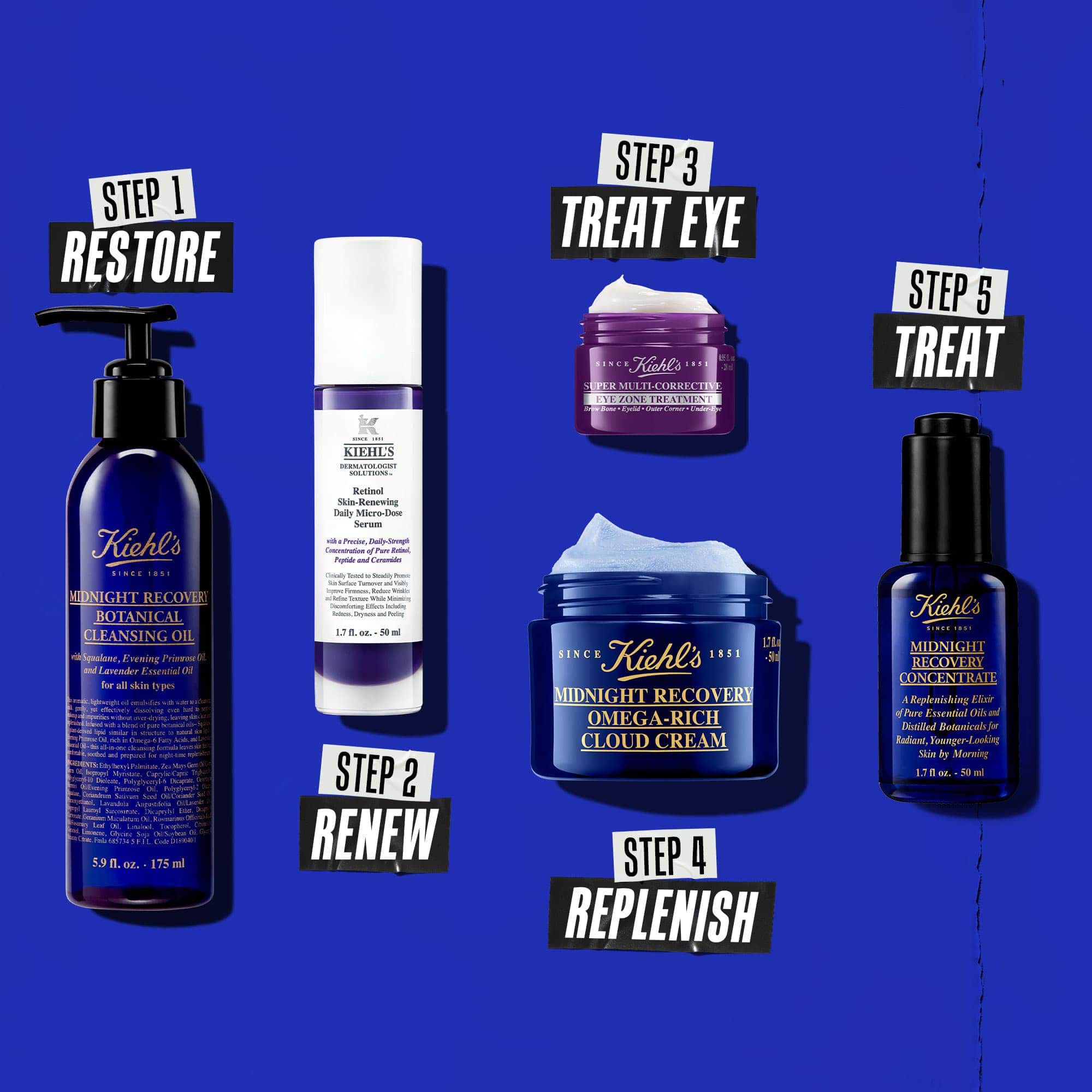 Een avondroutine in vijf stappen met Kiehl's producten. Van links naar rechts: reiniger, retinolserum, oogcreme, vochtinbrengende creme en Midnight Recovery Concentrate.
