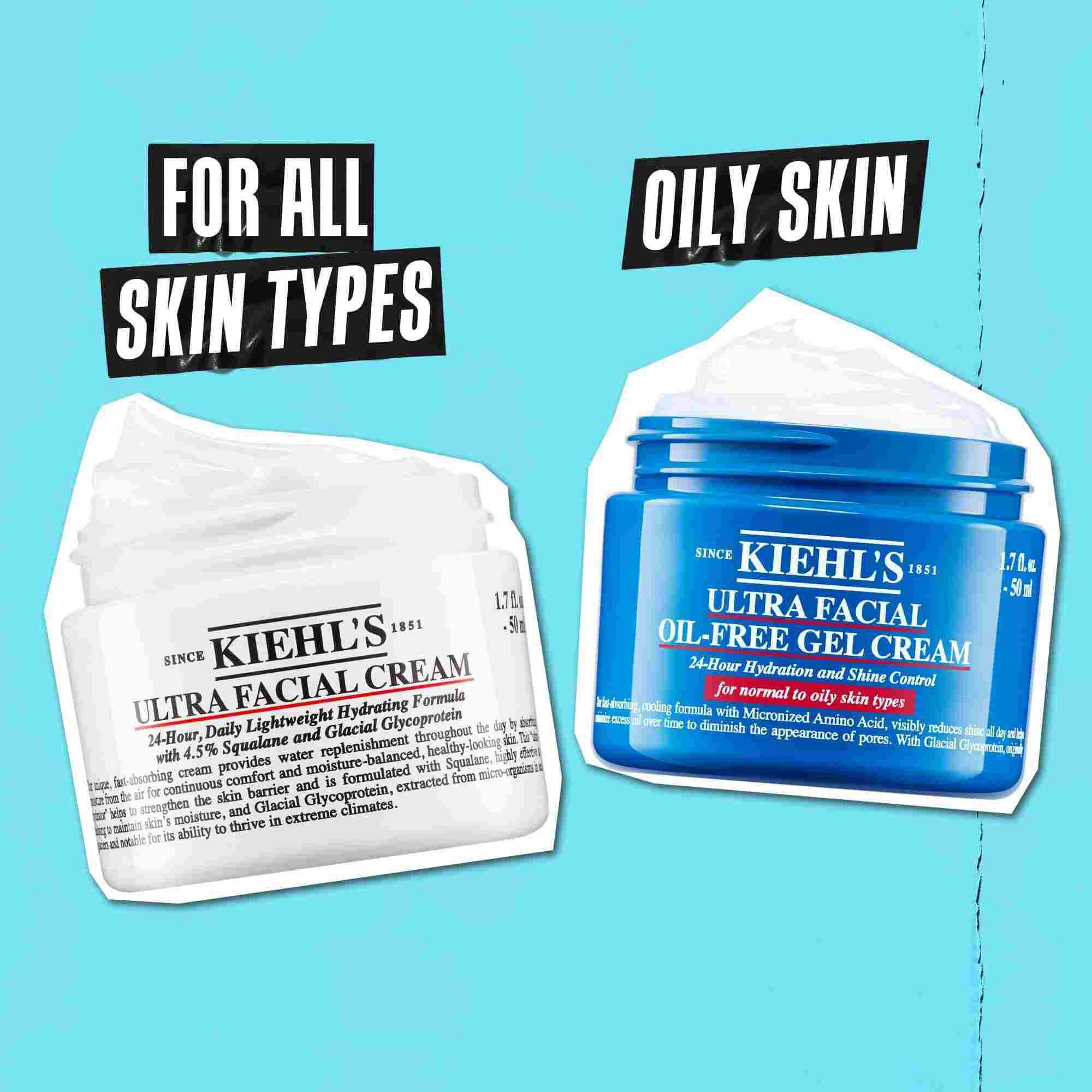 Twee Kiehl's potten naast elkaar weergegeven op een blauwe achtergrond. De Ultra Facial Cream is gelabeld "Voor alle huidtypes" en de Ultra Facial Oil-Free Gel Cream is gelabeld "Vette huid".