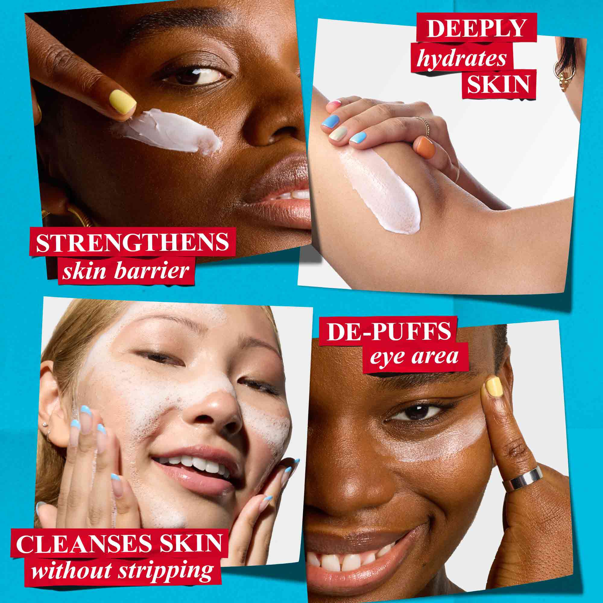 Vier panelen tonen diverse individuen die Kiehl's producten gebruiken: het aanbrengen van gezichtscreme om de huidbarriere te versterken, bodycreme voor diepe hydratatie, reiniger voor milde reiniging en oogcreme om pluizen te verwijderen.