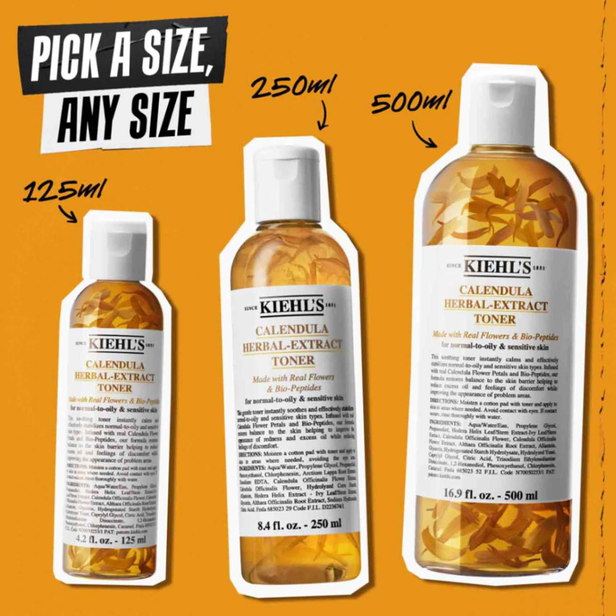 Drie flessen Calendula Herbal-Extract Toner in verschillende formaten (125 ml, 250 ml, 500 ml) tegen een oranje achtergrond met de tekst "Kies een maat, elke maat."