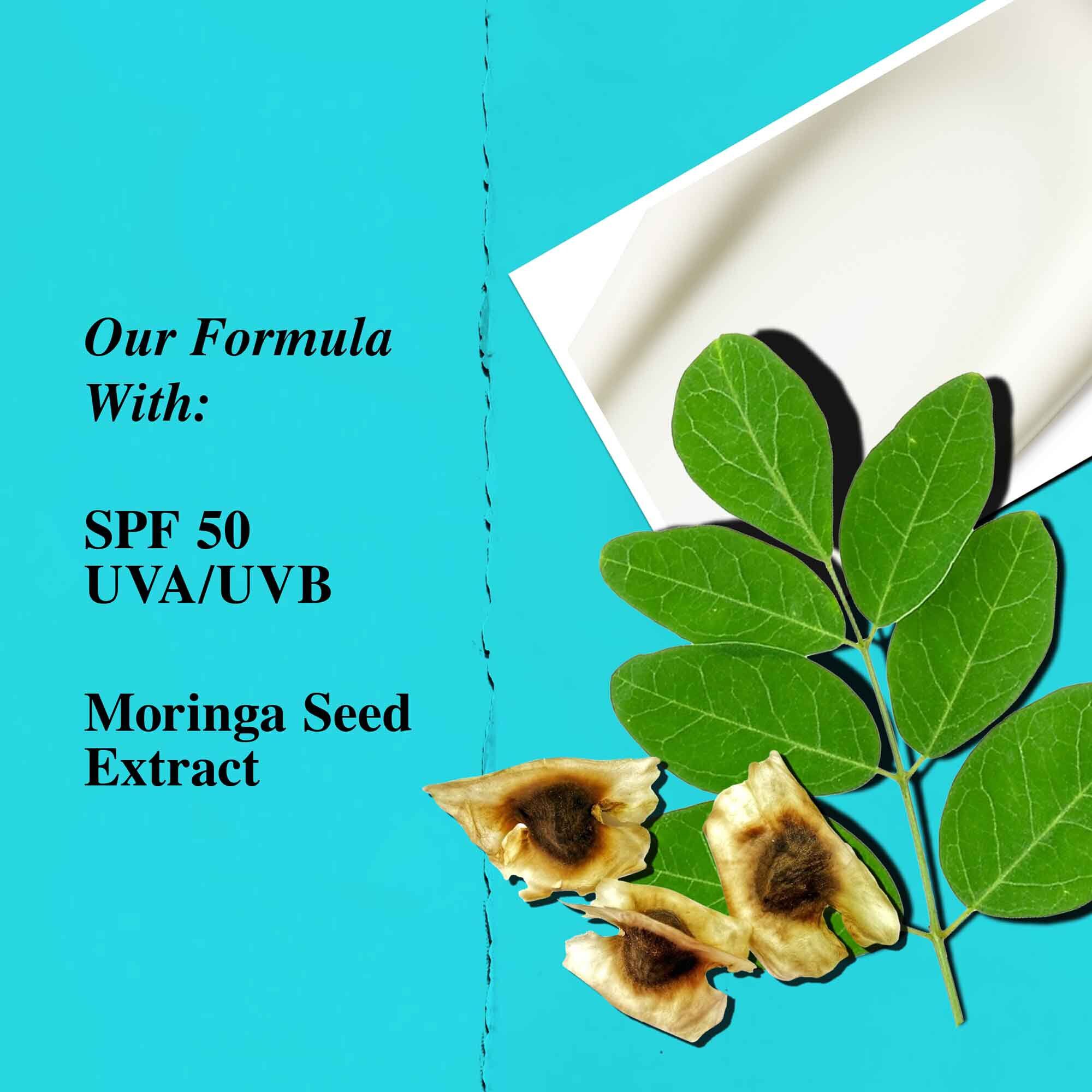 Een grafiek die de belangrijkste ingredienten van Ultra Light Daily UV Defense Aqua Gel benadrukt, waaronder SPF 50 en moringazaadextract.