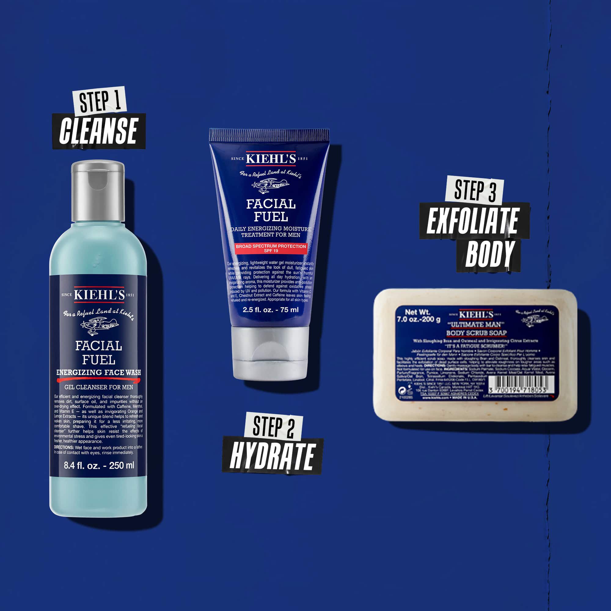 Drie Kiehl's producten die een routine vertegenwoordigen. Van links naar rechts: Facial Fuel Cleanser, Facial Fuel Moisturizer en Ultimate Man Body Scrub Soap.
