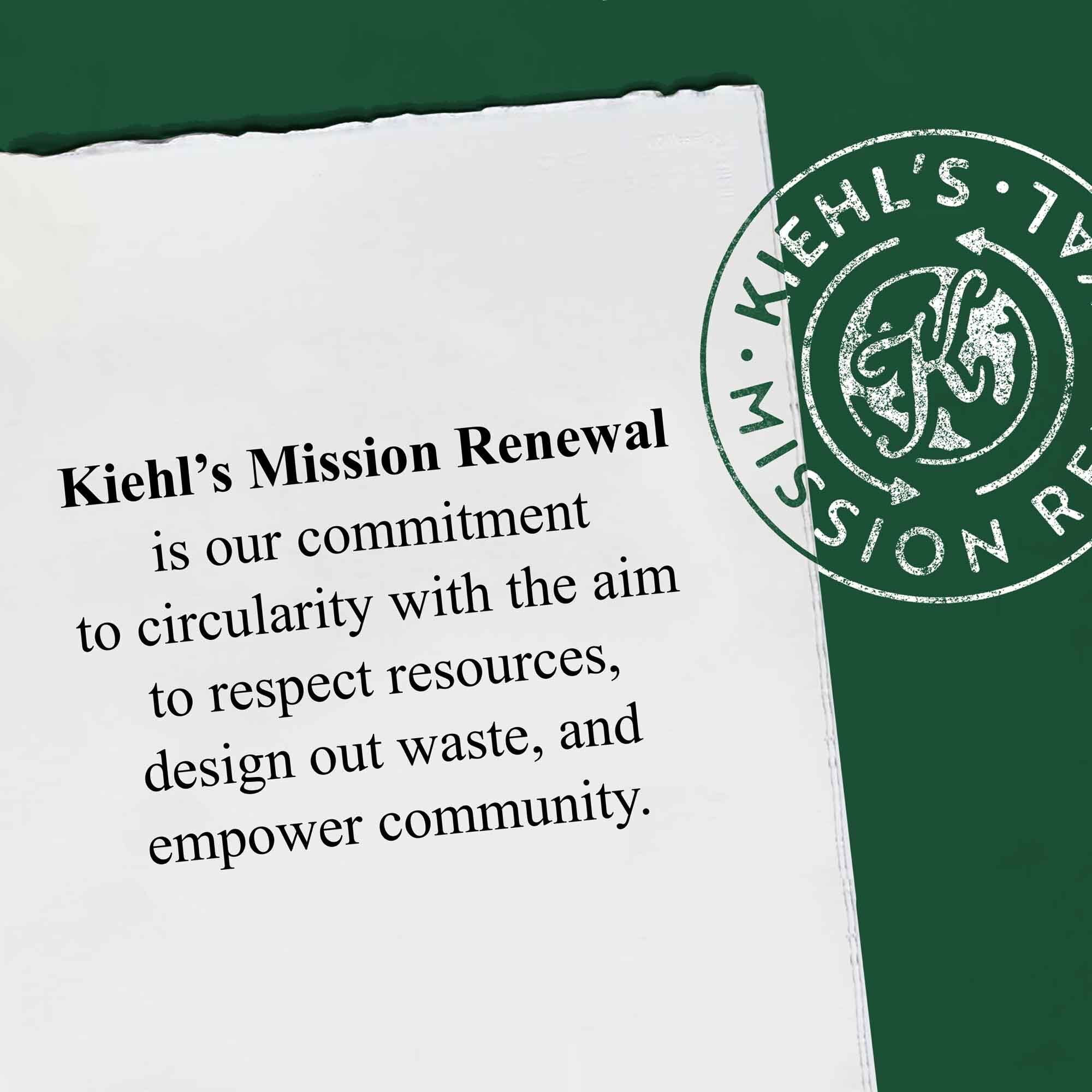 Een grafiek die Kiehl's Mission Renewal samenvat met tekst over het beschermen van hulpbronnen, het ontwerpen zonder afval en het versterken van gemeenschappen.