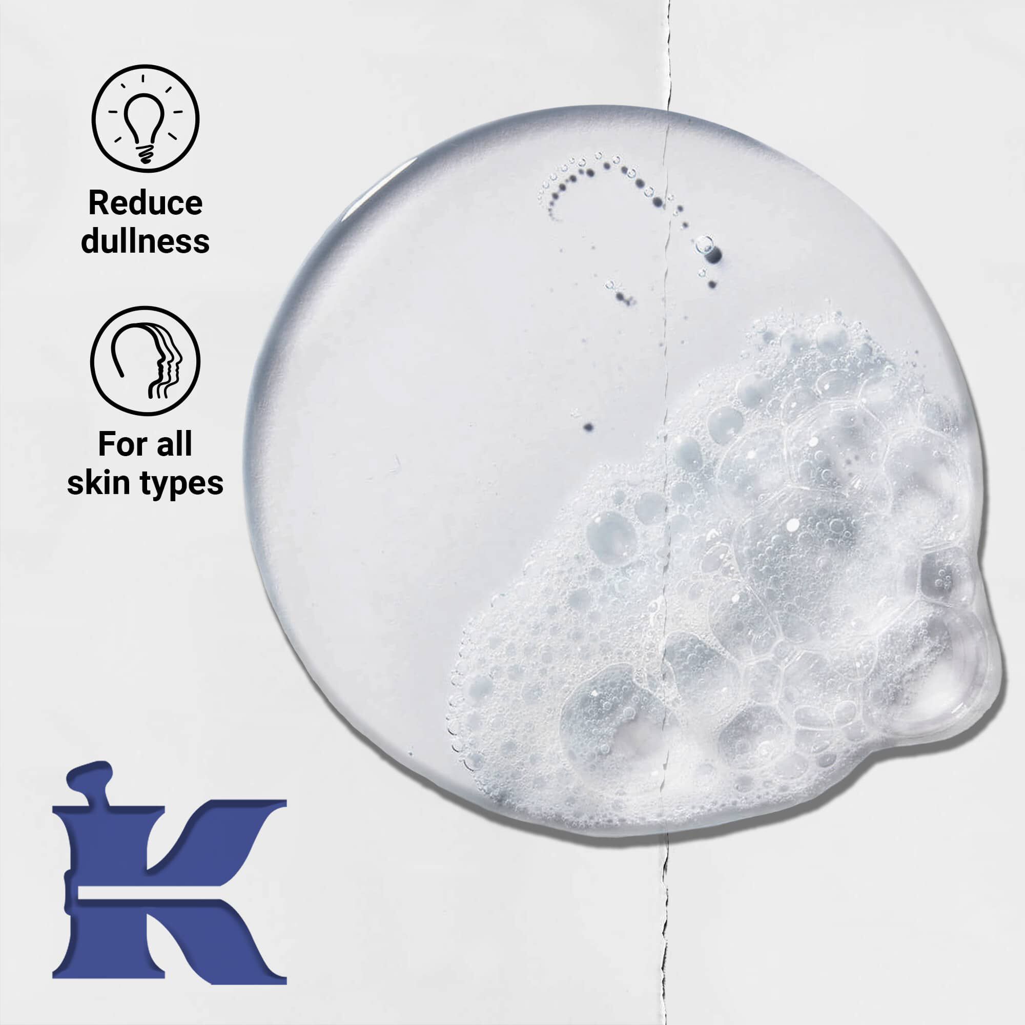 Foto van de Facial Fuel-textuur met iconen die aangeven dat het dofheid vermindert en geschikt is voor alle huidtypes