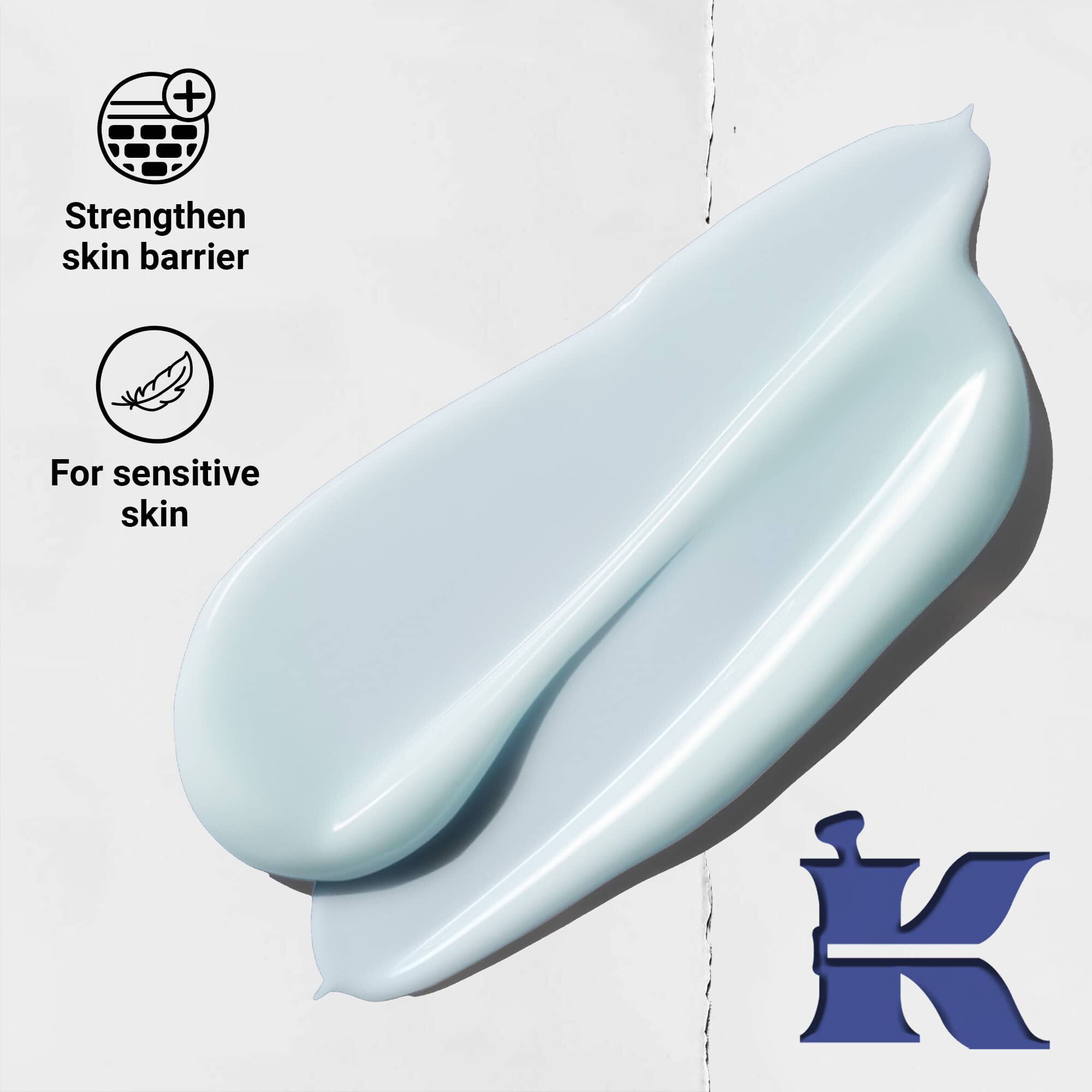 Foto van de Facial Fuel-textuur met iconen die aangeven dat het de huidbarriere versterkt en geschikt is voor de gevoelige huid