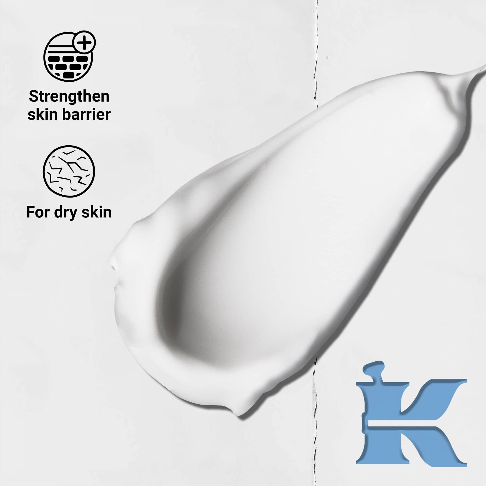 Foto van de textuur met iconen die aangeven dat het de huidbarriere versterkt en geschikt is voor de droge huid
