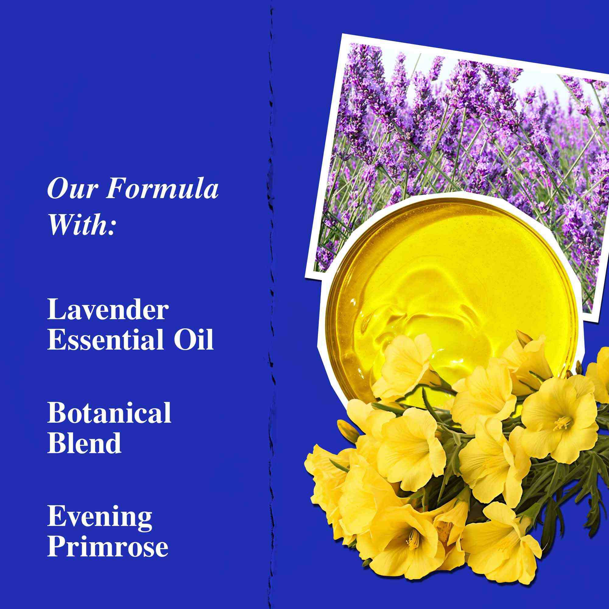 Belangrijkste ingredienten van Midnight Recovery Concentrate, met de nadruk op essentiele lavendelolie, teunisbloemolie en squalaan.