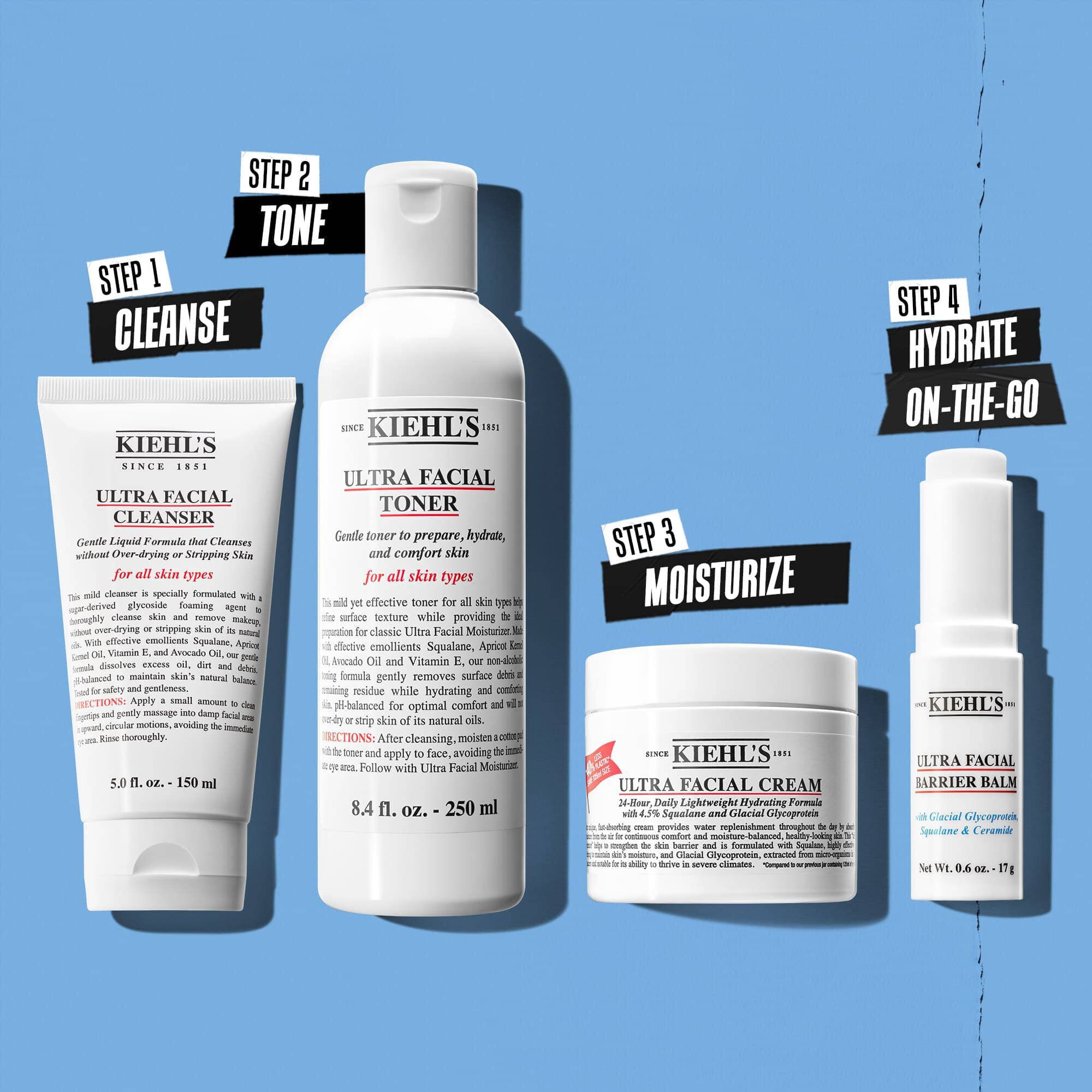 Illustratie van de Ultra Facial Cream-routine - Reinigen, Tonifieren, Hydrateren, Hydrateren onderweg