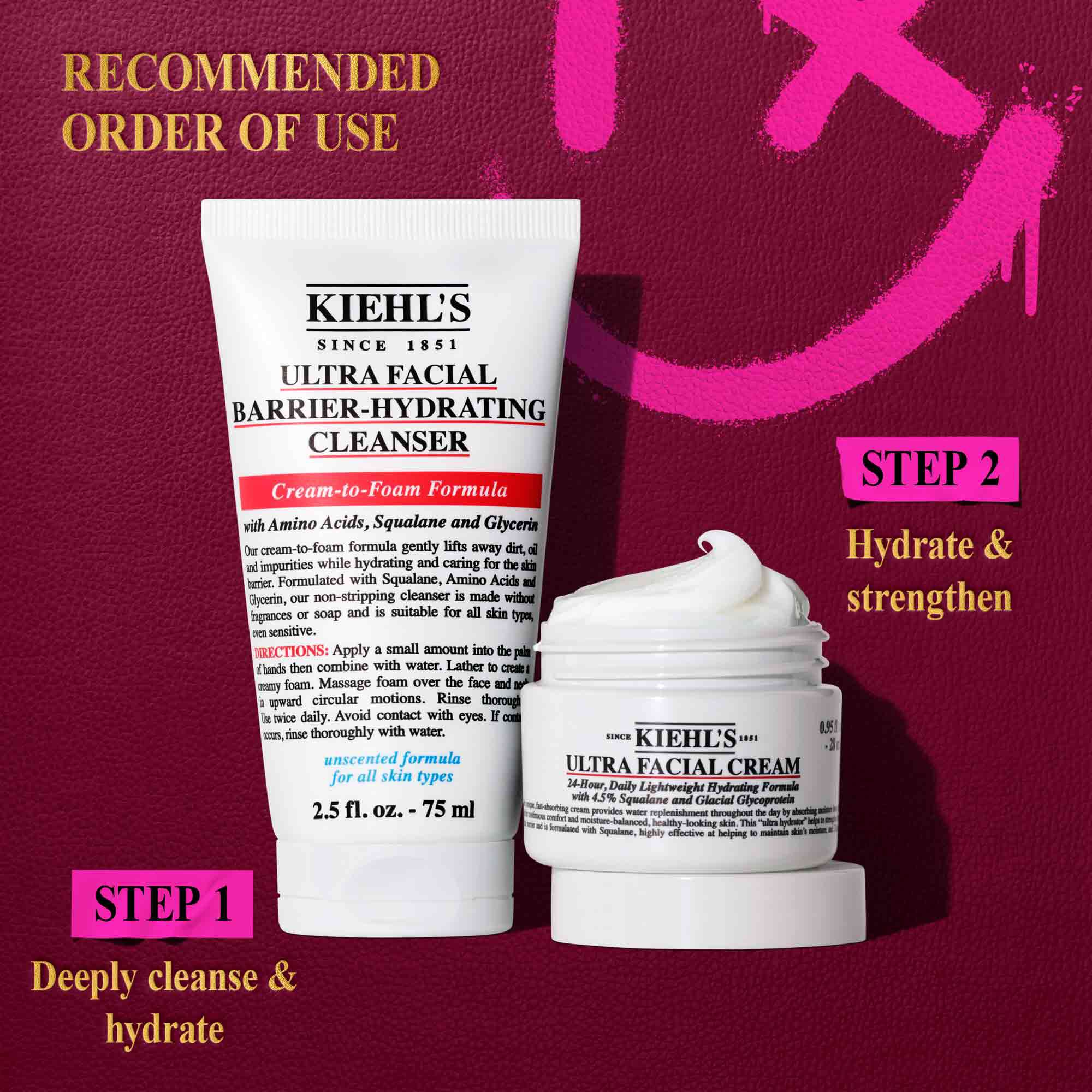 Een afbeelding die de aanbevolen gebruiksvolgorde illustreert voor twee Kiehl's producten: een witte tube "KIEHL'S ULTRA FACIAL BARRIER-HYDRATING CLEANSER" en een witte pot "KIEHL'S ULTRA FACIAL CREAM". Linksboven staat "AANBEVOLEN GEBRUIKSAANWIJZING". Onder de cleanser staat "STAP 1 Diep reinigen & hydrateren". Onder de creme staat "STAP 2 Hydrateren & versterken".