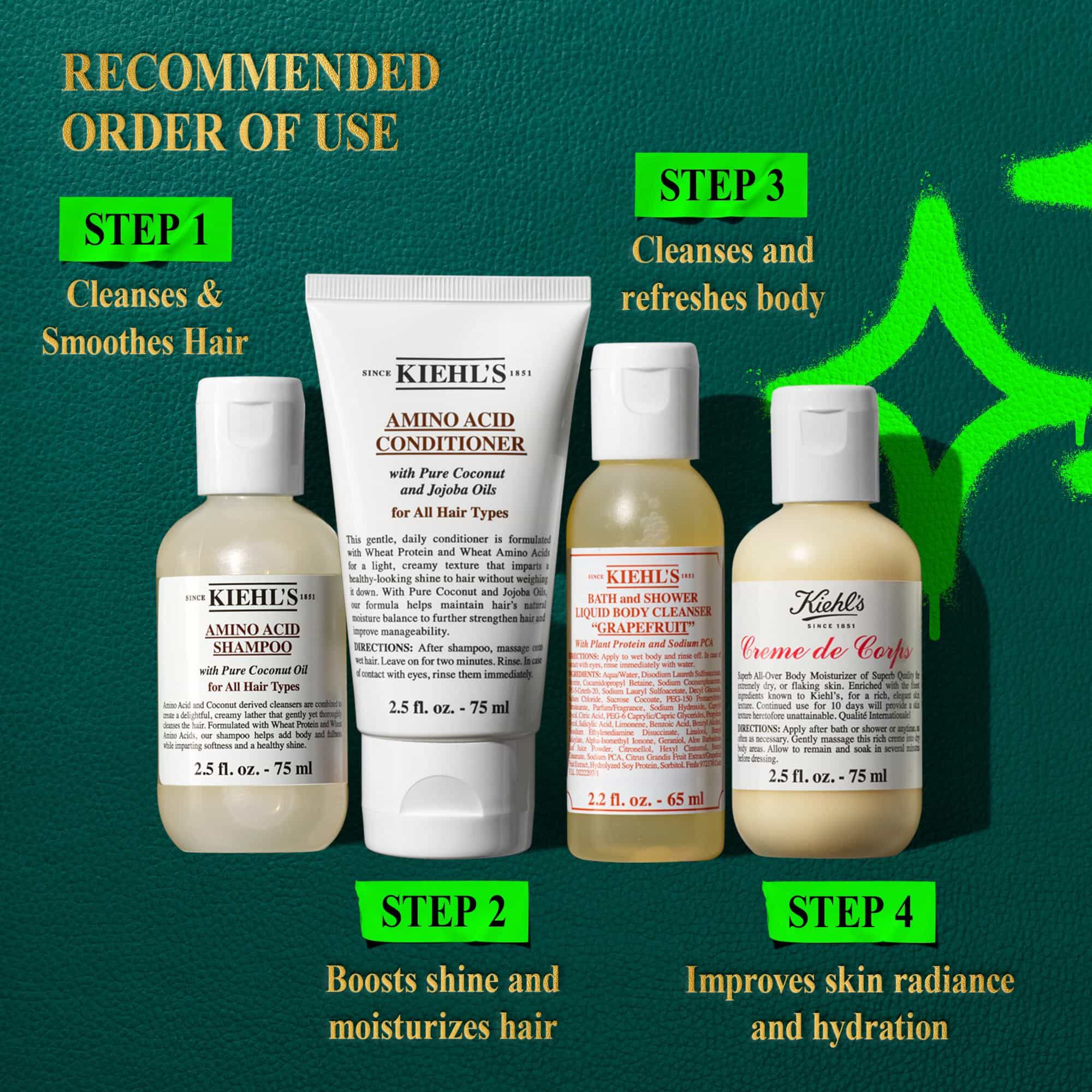 A graphic, set against a dark green textured background with bright green accents, features the text "RECOMMENDED ORDER OF USE" at the top left. Below, four products are arranged horizontally. From left to right: a bottle of "KIEHL’S AMINO ACID SHAMPOO" is labeled "STEP 1 Cleanses & Smoothes Hair"; a tube of "KIEHL’S AMINO ACID CONDITIONER" is labeled "STEP 2 Boosts shine and moisturizes hair"; a bottle of "KIEHL’S BATH AND SHOWER LIQUID BODY CLEANSER GRAPEFRUIT" is labeled "STEP 3 Cleanses and refreshes body"; and a bottle of "KIEHL’S CREME DE CORPS" is labeled "STEP 4 Improves skin radiance and hydration." Bright green graphic shapes are present on the right side of the image.