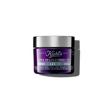 A graphic featuring a purple jar of Kiehl's Super Multi-Corrective Soft Cream with a silver lid and a label with white text that reads “75 ml".