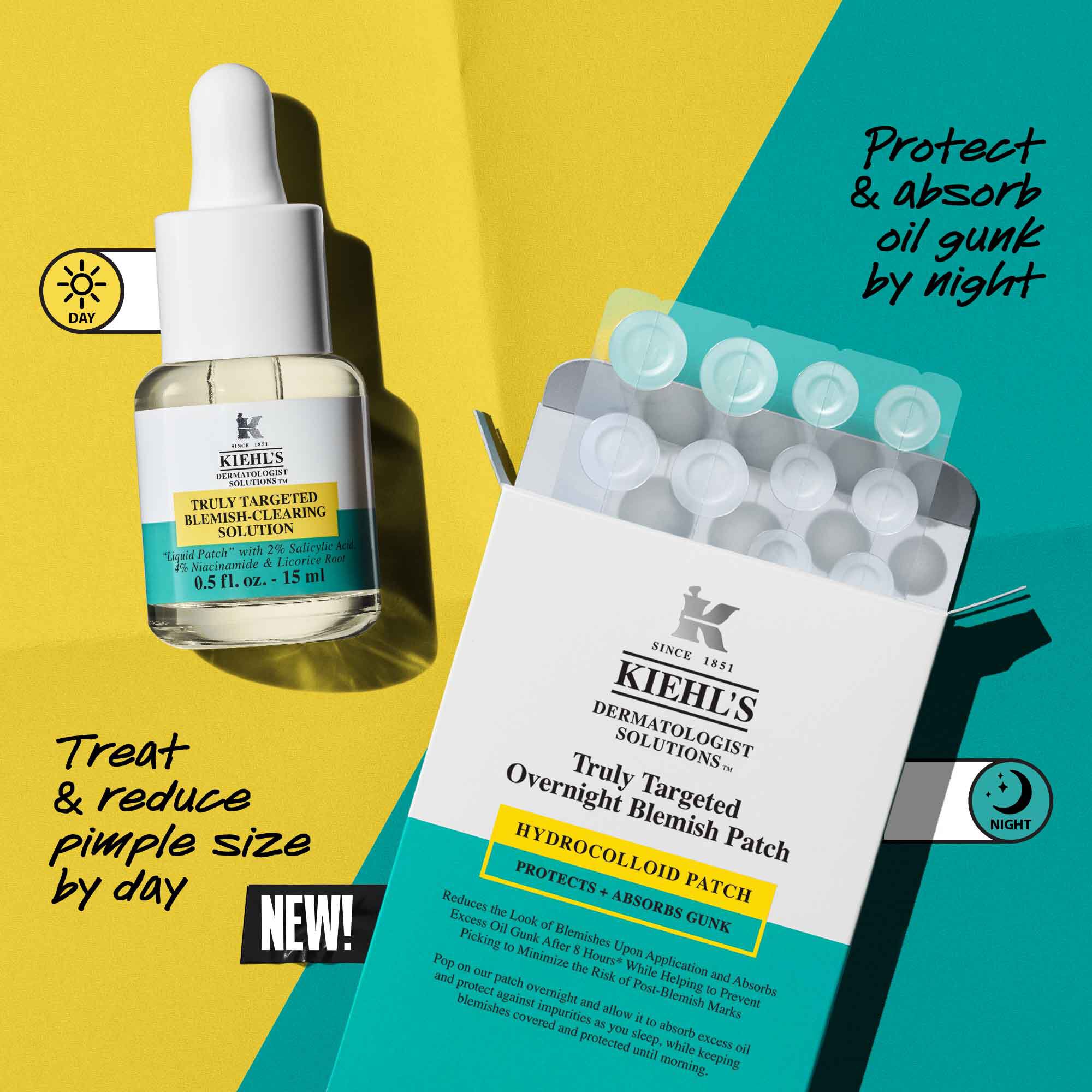 Split comparison of acne serum and spot patches, promoting targeted blemish treatment, day and night use, and benefits for pimples, redness, and oil control.