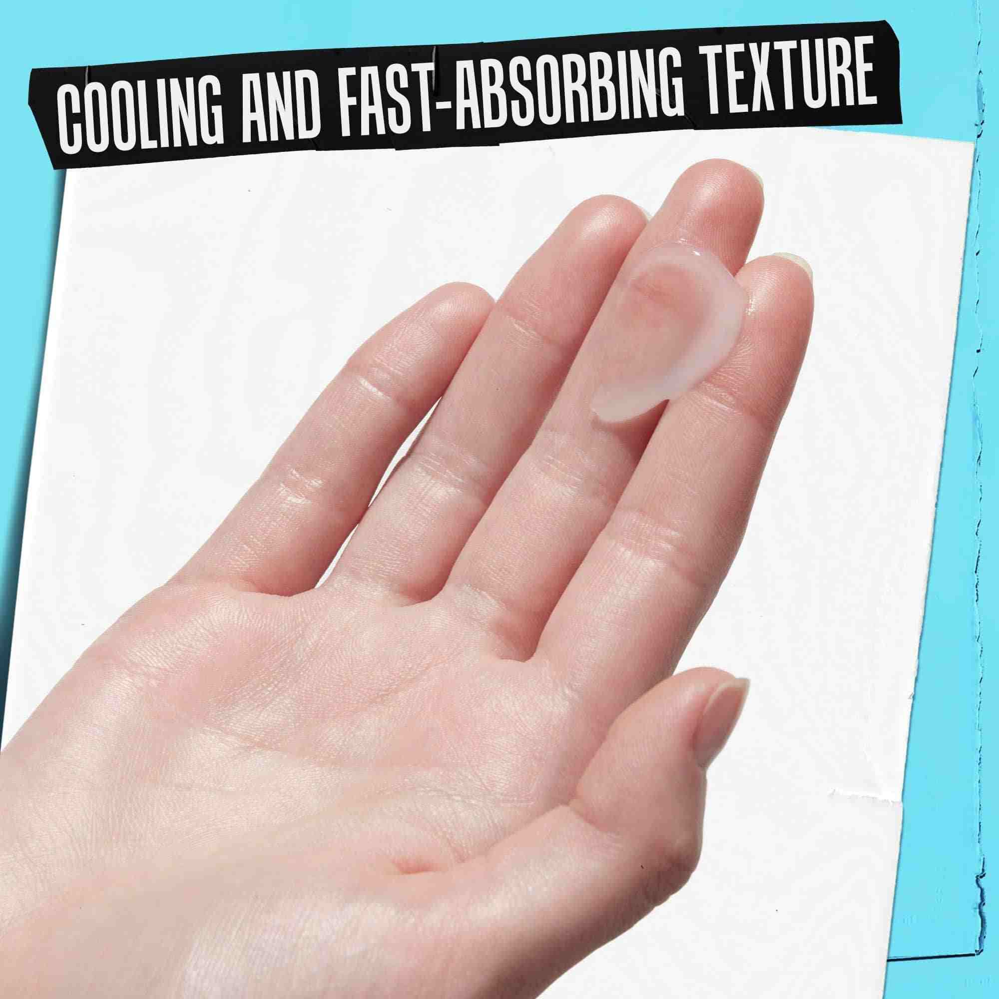 Een hand die Ultra Facial Oil-Free Gel Cream SPF 30 aanbrengt met tekst die de verkoelende en snel absorberende textuur benadrukt.