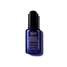 Een fles van 30 ml Kiehl's Midnight Recovery Concentrate gezichtsolie tegen een witte achtergrond.