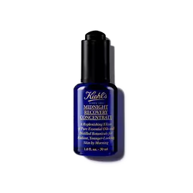 Een fles van 30 ml Kiehl's Midnight Recovery Concentrate gezichtsolie tegen een witte achtergrond.